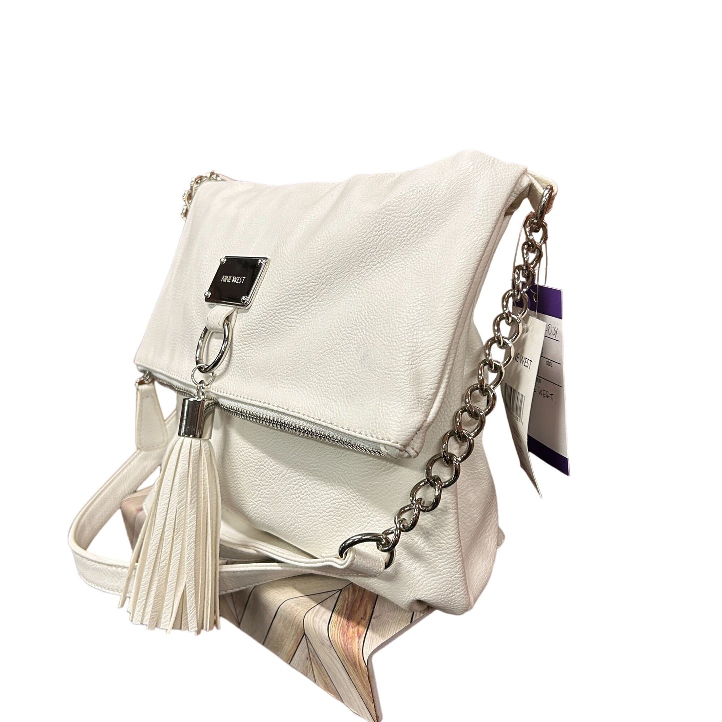 NWT Nine West White Crossbody Purse Zip Closure Silver Accents Tassel Handbag