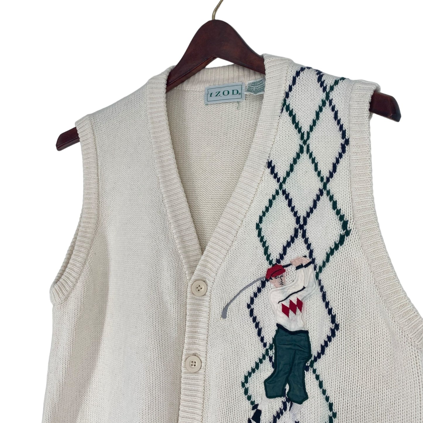 Vintage Izod Mens M Golf Sweater Vest Beige Applique Argyle Knit Retro Preppy