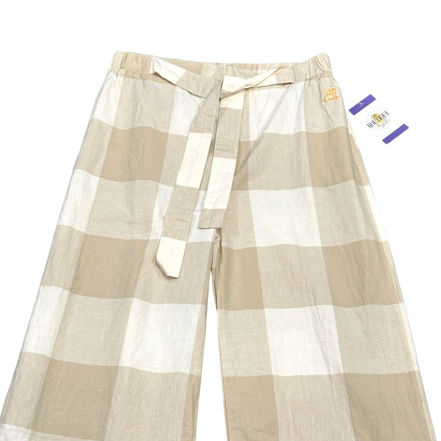 NWT Isadora Womens M Wide Leg Pull On Pants Beige White Checkered Tie Waist