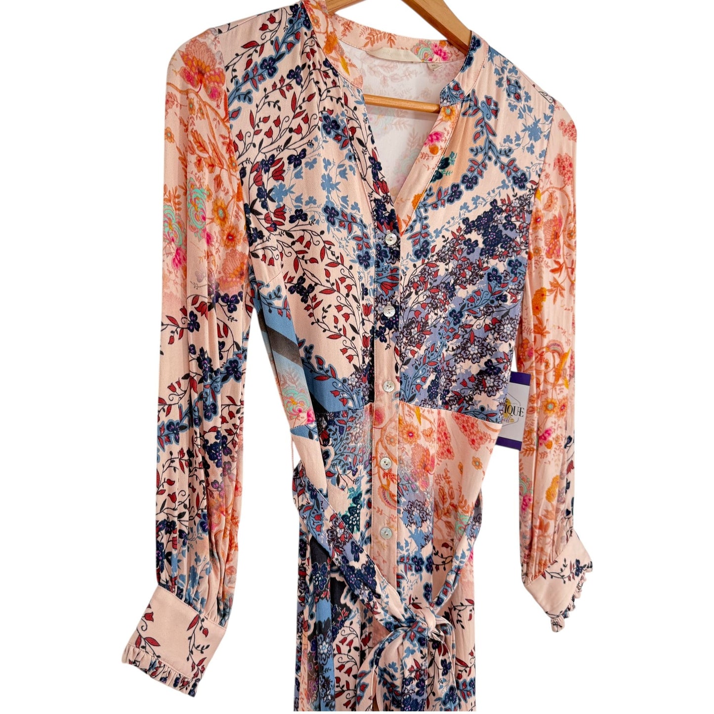 Soft Surroundings Womens PS Nassau Maxi Dress Front Button Tie Pink Blue Floral