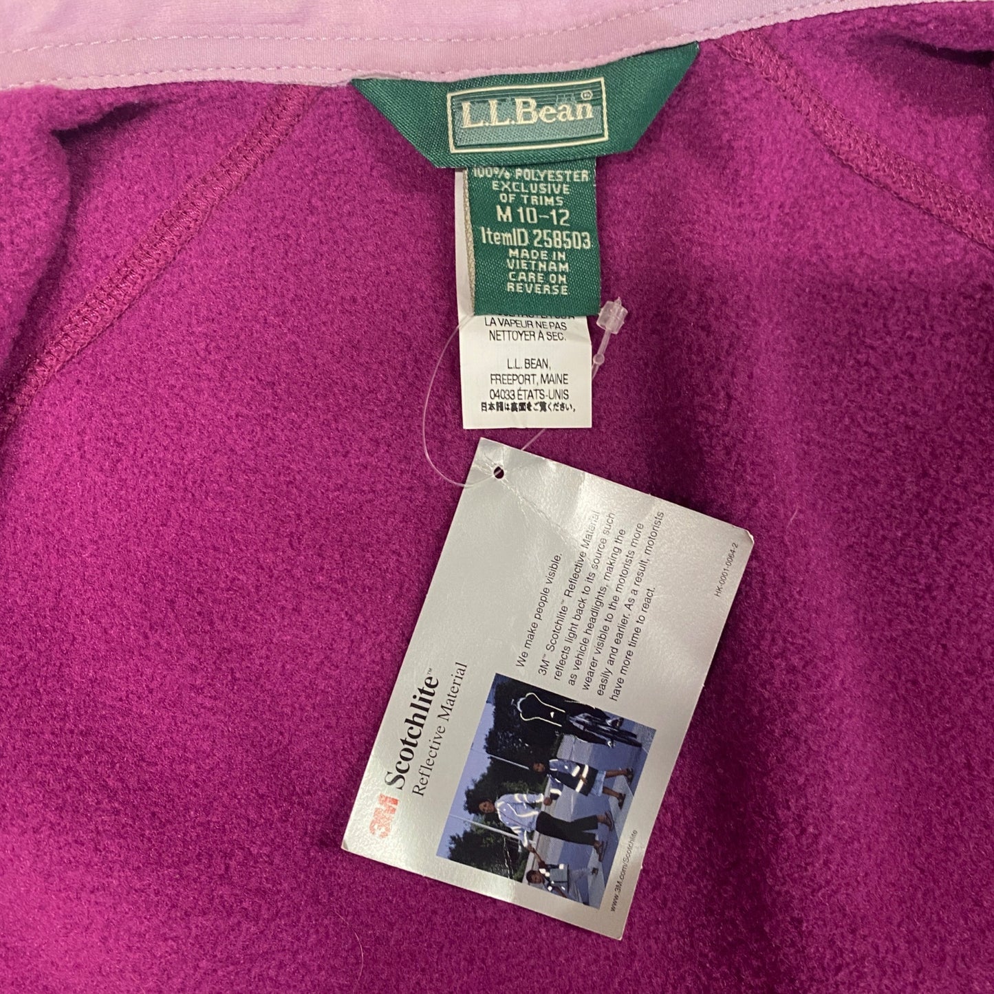 NWT LL Bean Girls M Purple Fleece Vest Full Zip Pockets Scotchlite Reflective