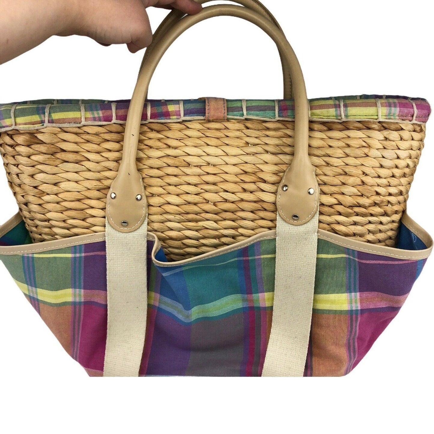 LRL Ralph Lauren Madras Plaid Tote Bag Picnic Basket Wicker Straw Preppy Beach