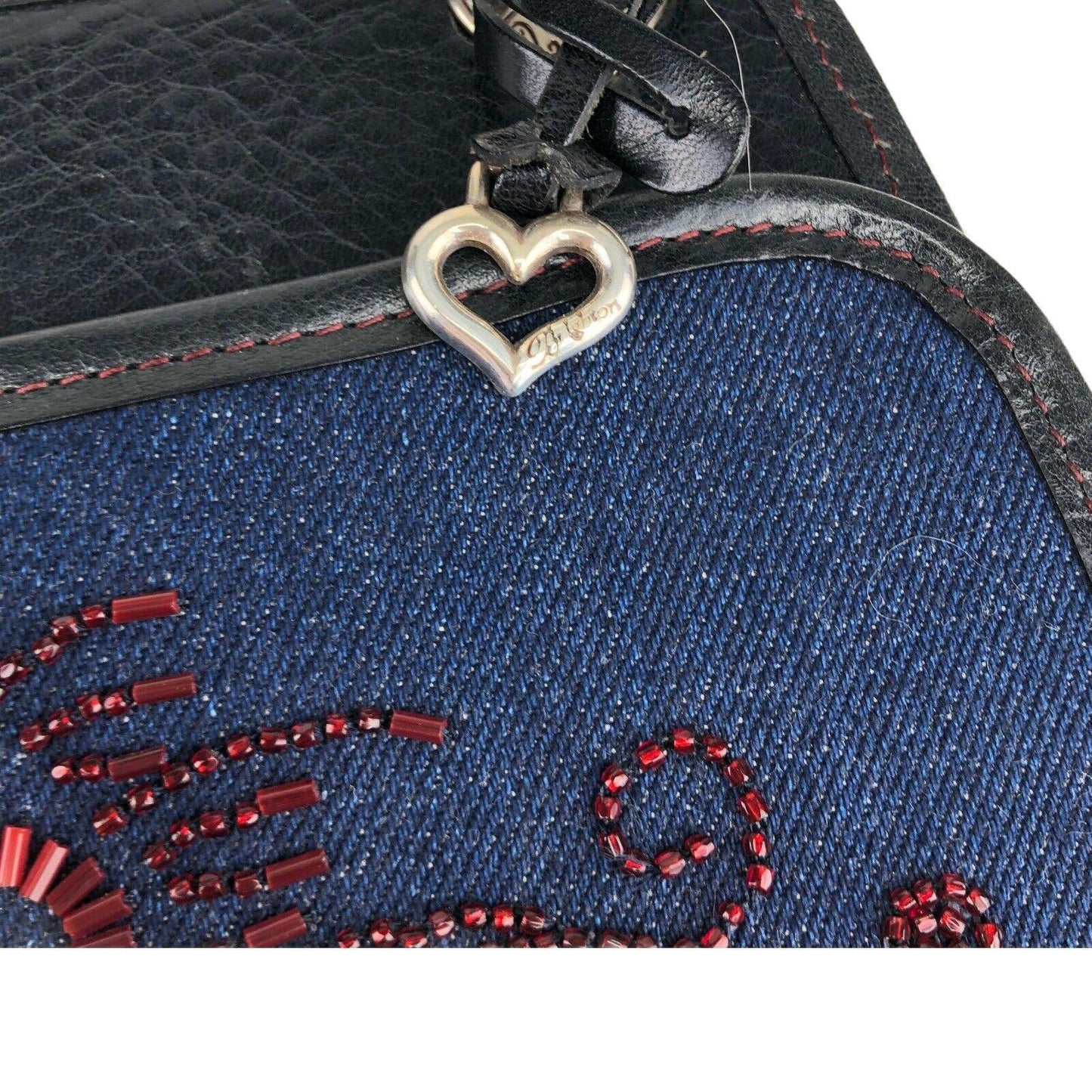 Brighton Denim Beaded Slim Purse Shoulder Bag Black Leather Trim Heart Pattern