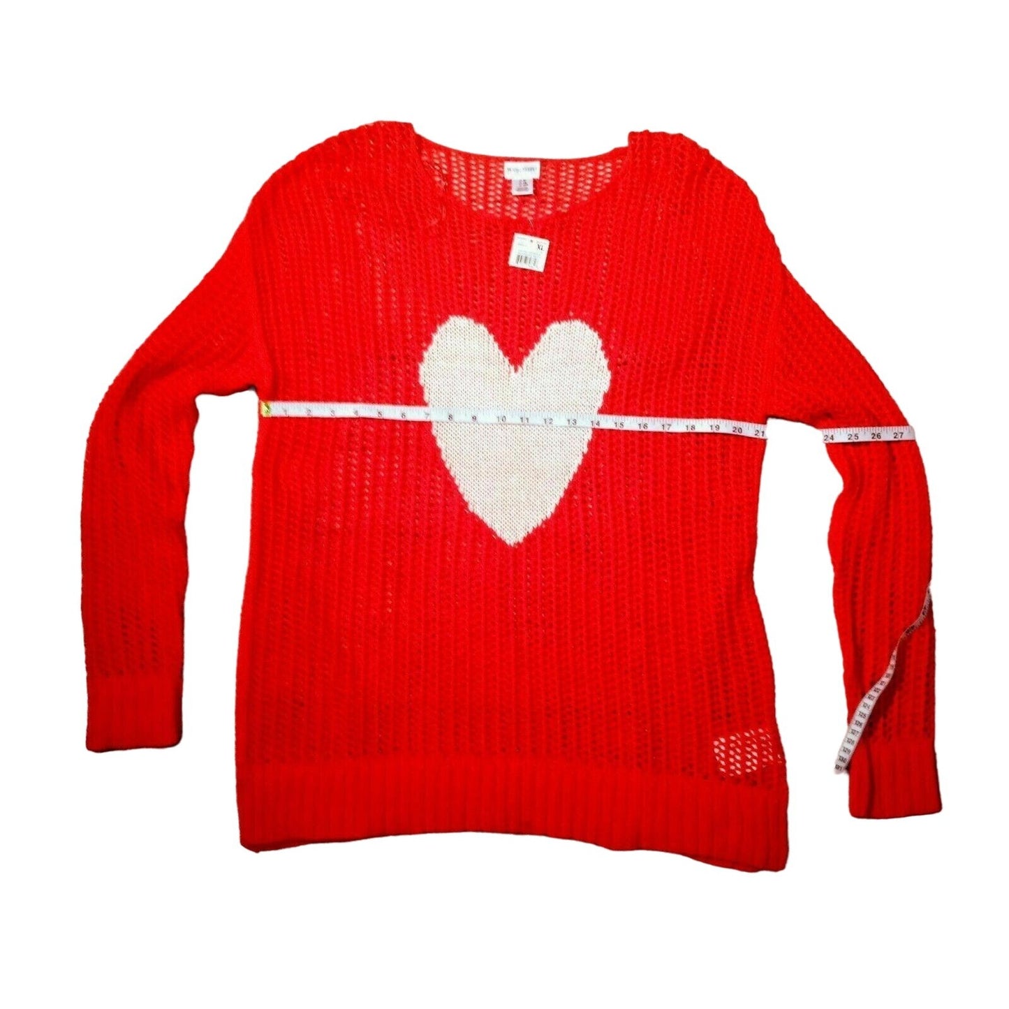 NWT Motherhood Maternity Heart XL Sweater Open Knit Long Sleeve Red White Casual