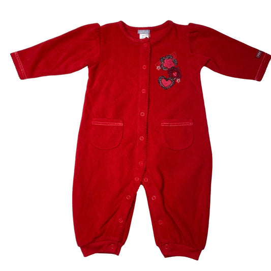 Carters 9M Red Fleece Onesie Full Snap Pretty Heart Floral Embroidered Valentine