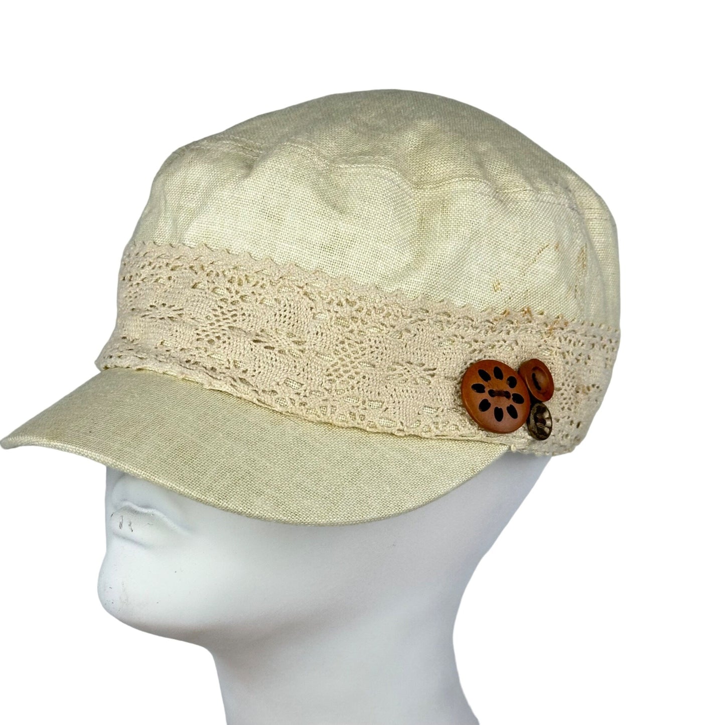 Croft and Barrow Womens Lace Linen Cap Buttons Elastic Stretch Pageboy Hat