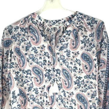 Madewell M Paisley Peasant Blouse Blue Pink V Neck Tassel 3/4 Sleeve Boho Hippie