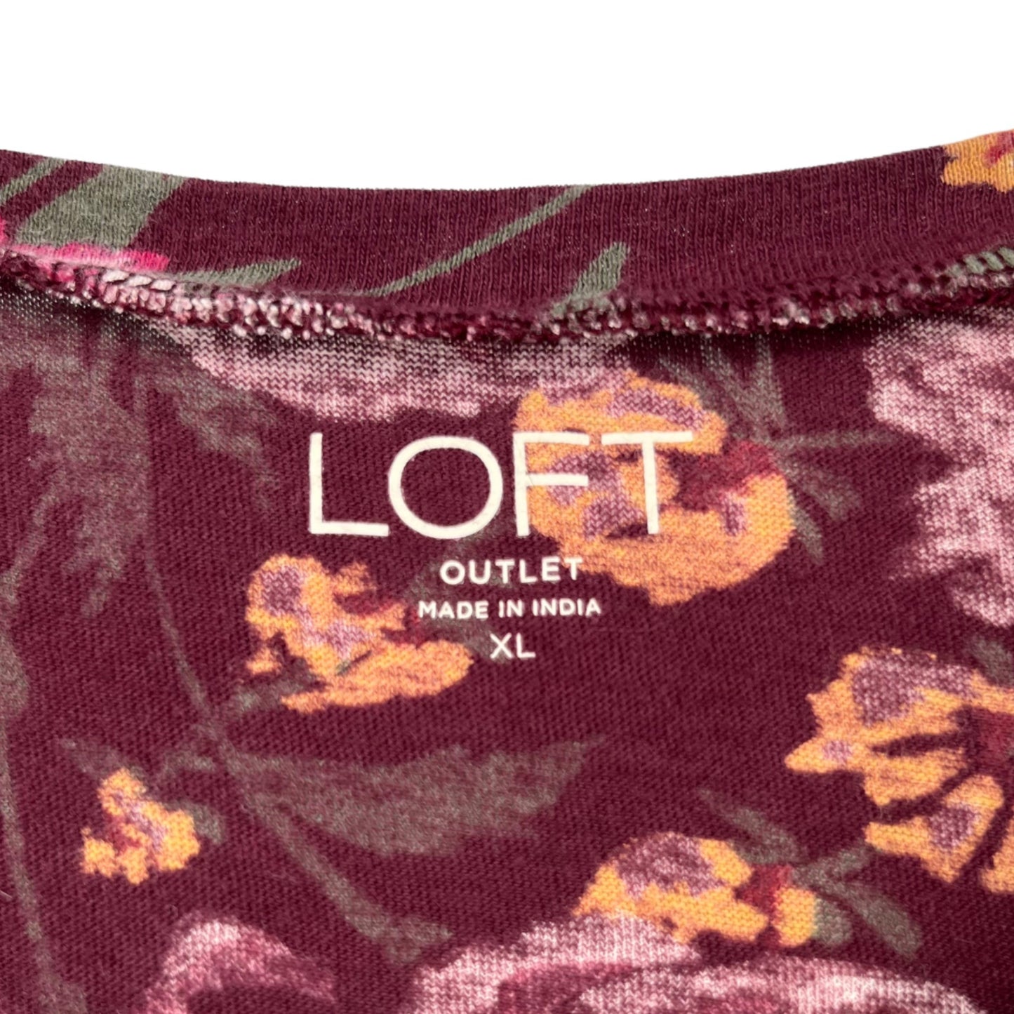 LOFT Outlet Womens XL Floral Maroon Long Sleeve Tshirt Pink Roses Round Neck