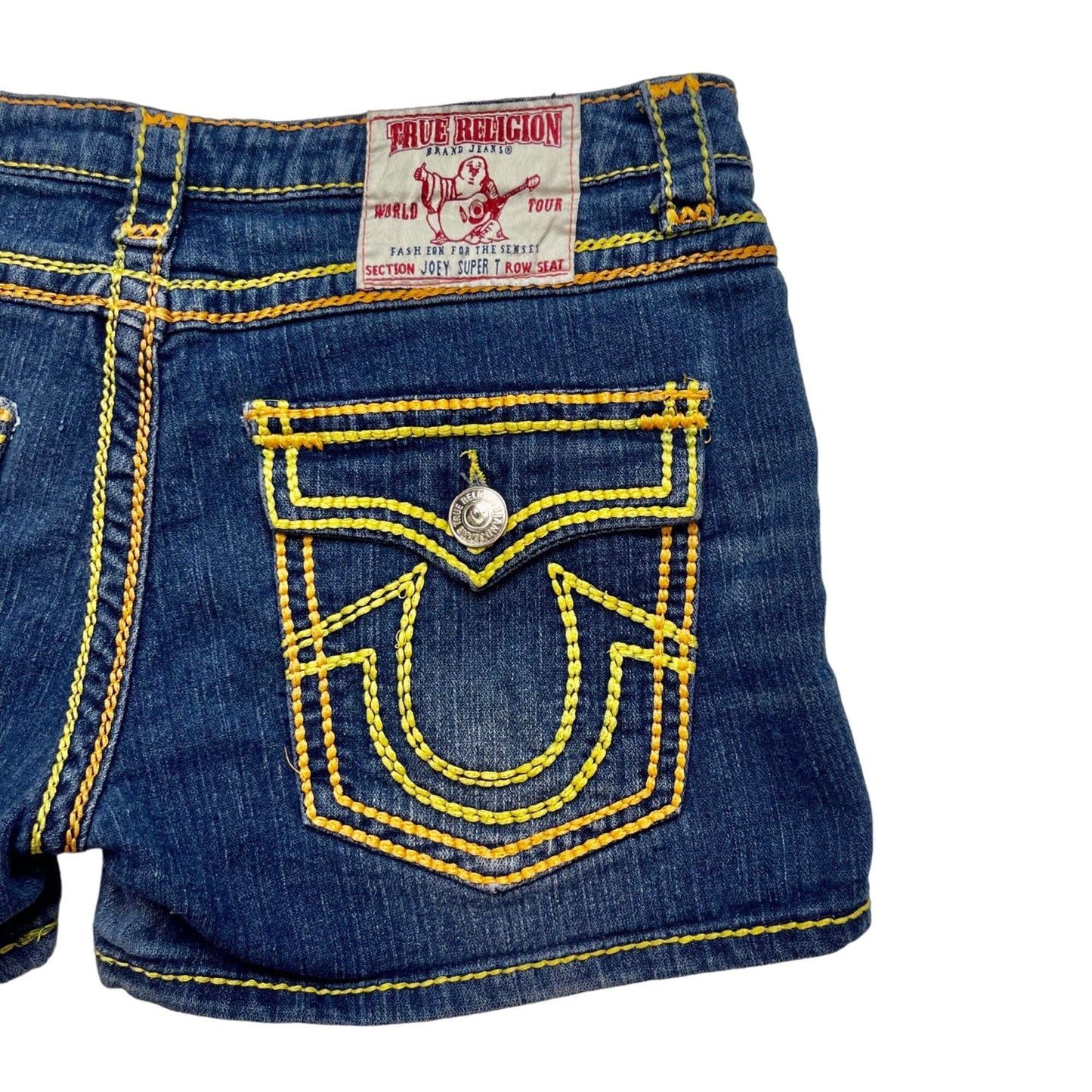 True Religion Womens 32 Joey Super T Shorts Blue Denim Thick Yellow Stitching