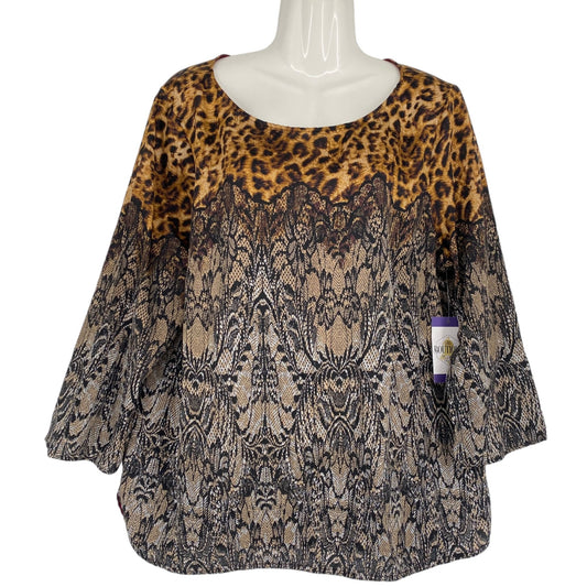 Ann Taylor Womens XL Cheetah Print Damask Blouse Long Sleeve Round Neck Flowy