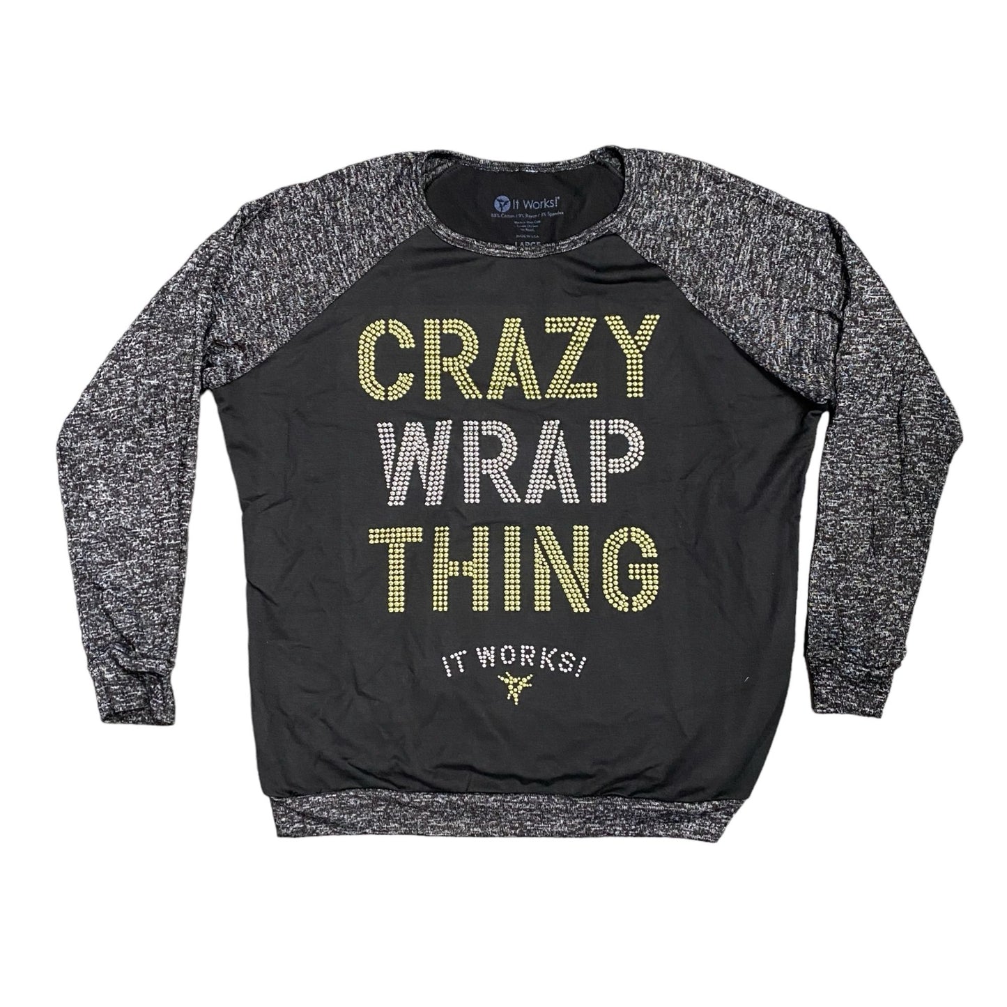 It Works! Distributor Shirt Womens L Crazy Wrap Thing Black Gray Long Sleeve