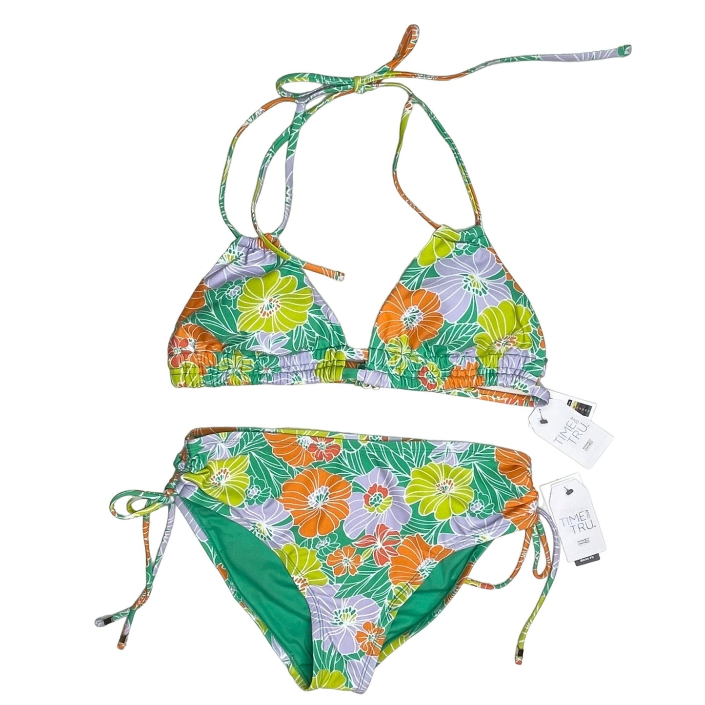 NWT Time and Tru Womens M Floral String Bikini Mid Rise Bottoms Bright Swimwear