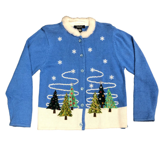 Vintage Crystal Kobe M Blue Front Button Sweater Christmas Tree Faux Fur Trim