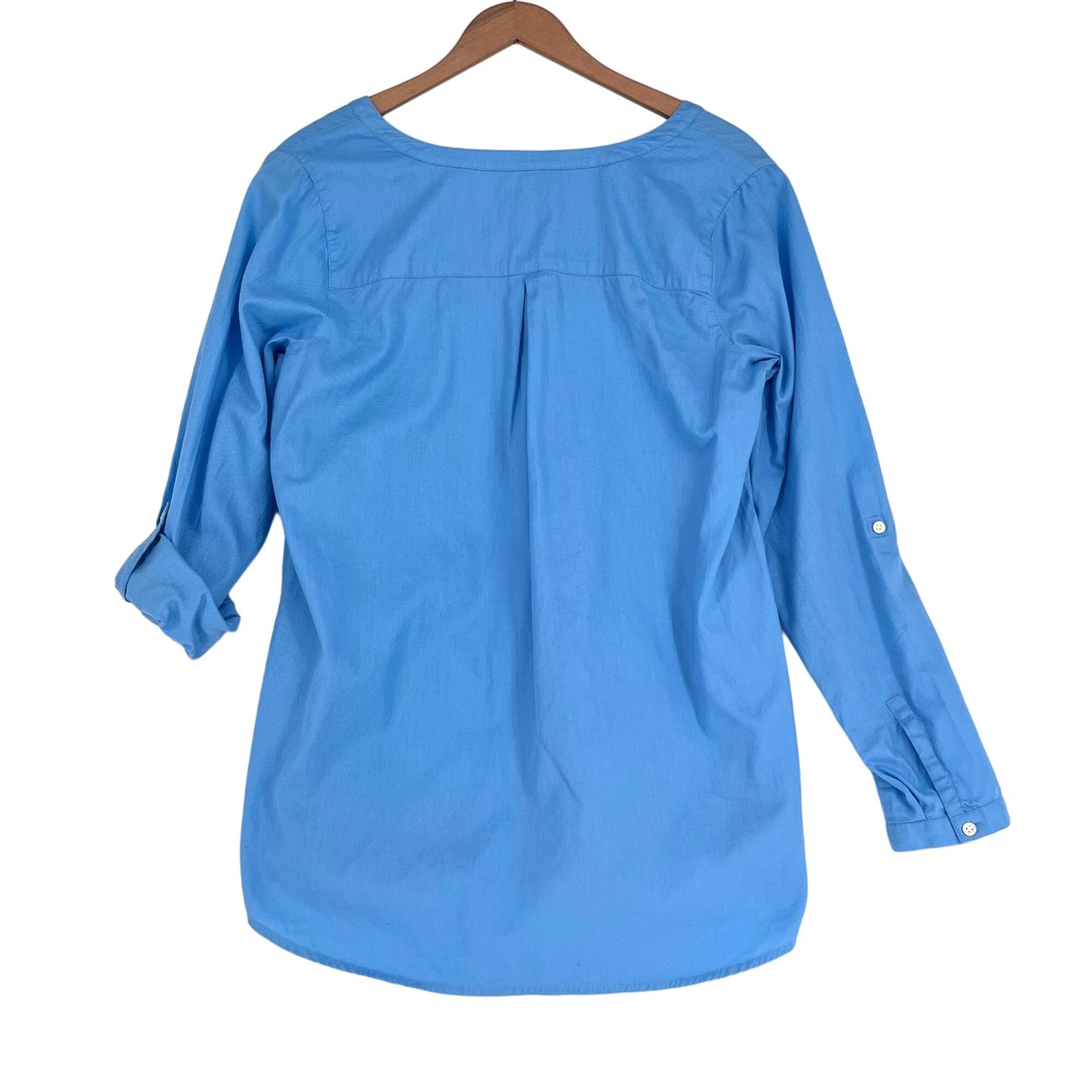 J Jill S Blue Blouse Vneck 1/4 Button Pullover Roll Tap Sleeve Cotton Tunic Top