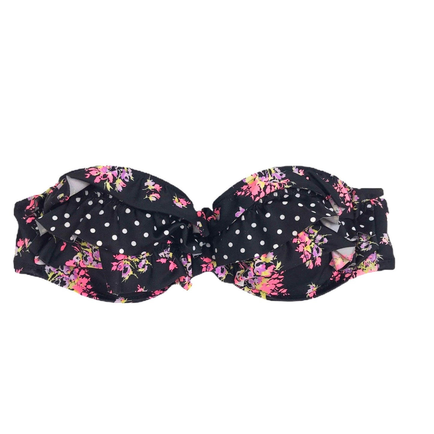 Victorias Secret 34A Ruffle Bandeau Bikini Top Pink Floral Black Polka Dot