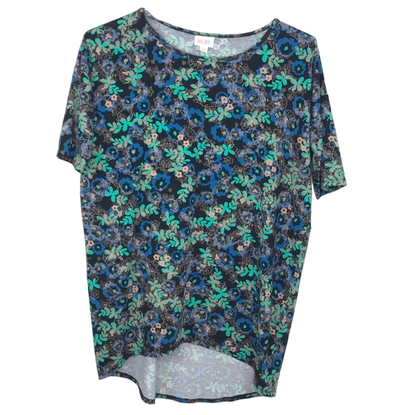 LuLaRoe XS Perfect T Tunic Top Short Sleeve HiLo Hem Blue Green Floral Print