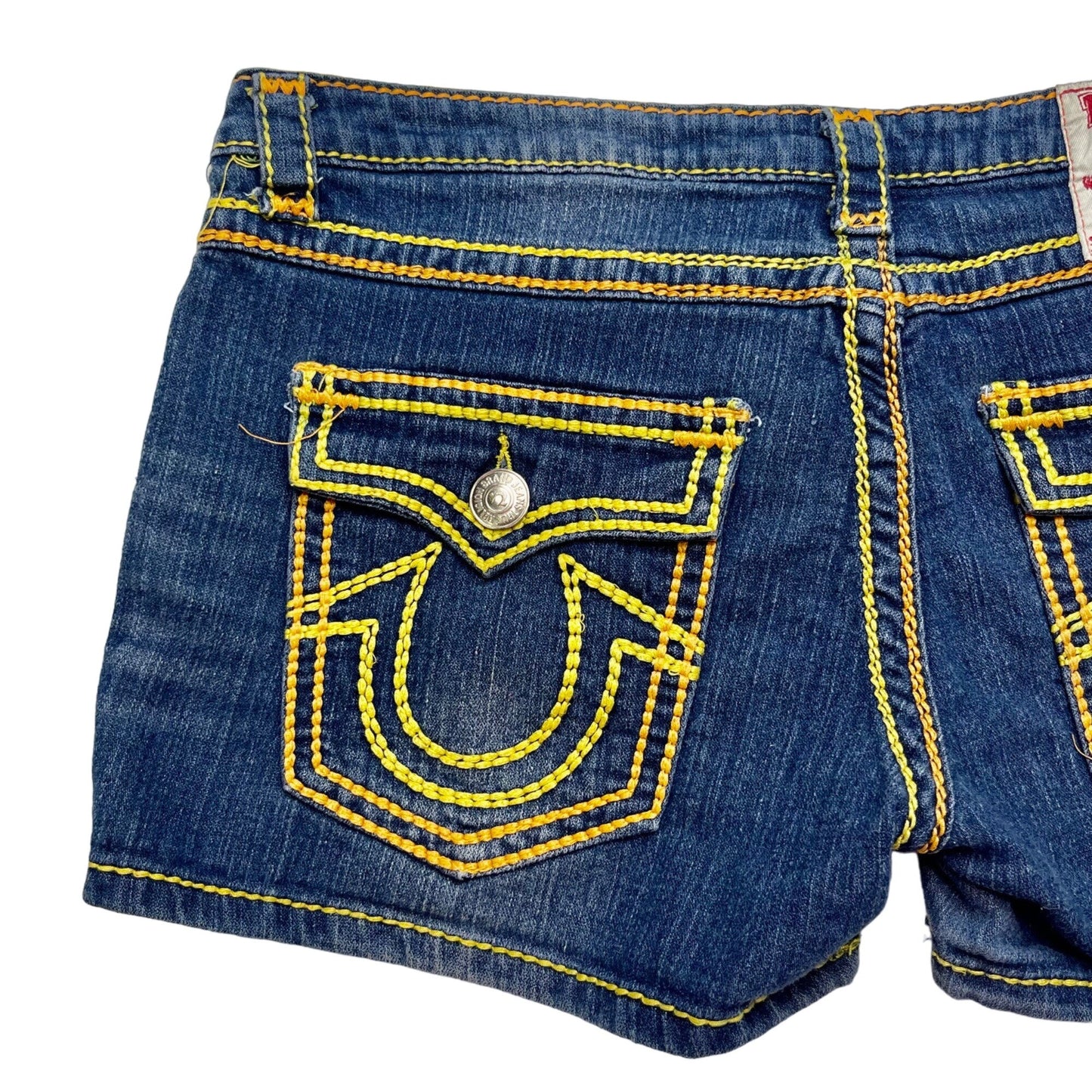 True Religion Womens 32 Joey Super T Shorts Blue Denim Thick Yellow Stitching