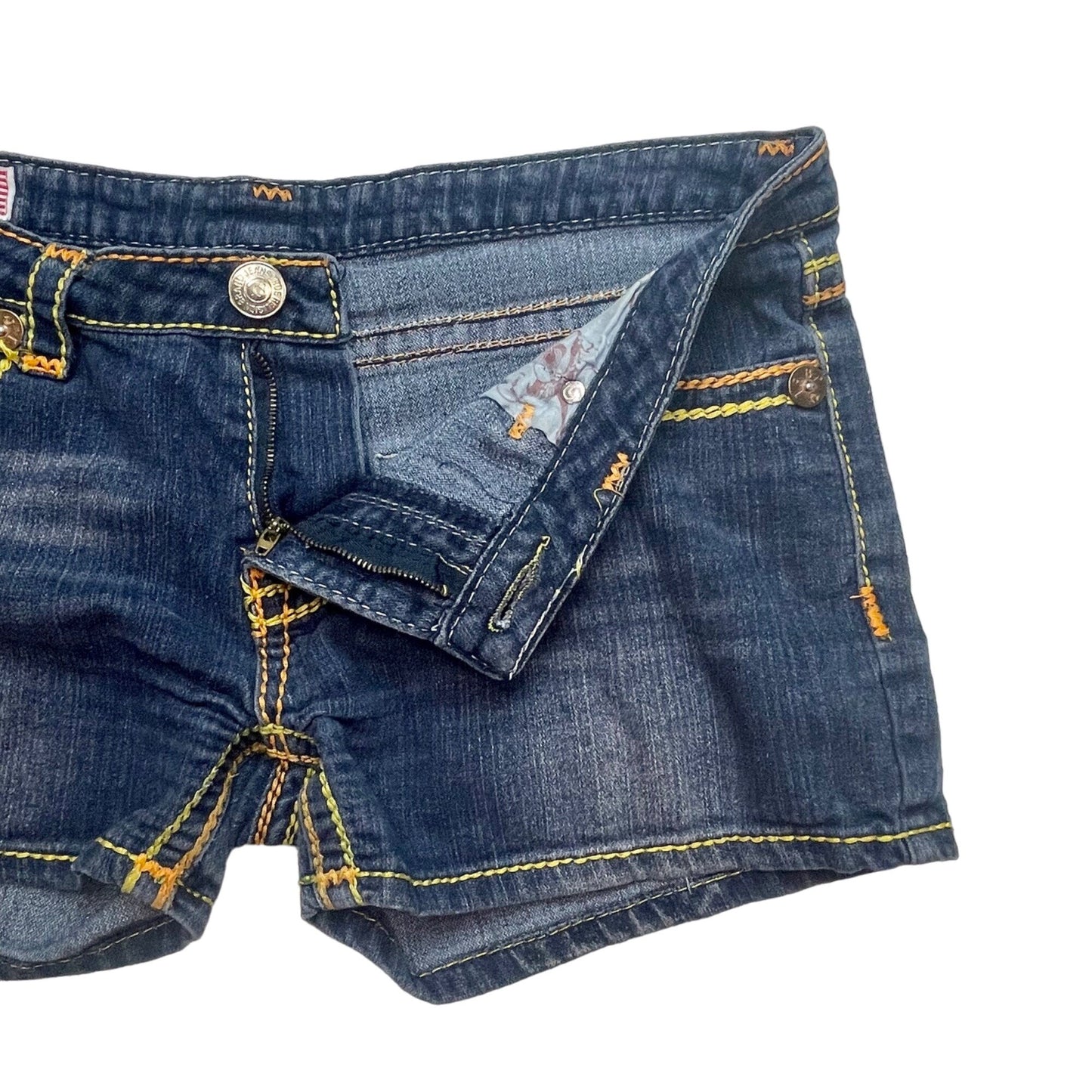 True Religion Womens 32 Joey Super T Shorts Blue Denim Thick Yellow Stitching