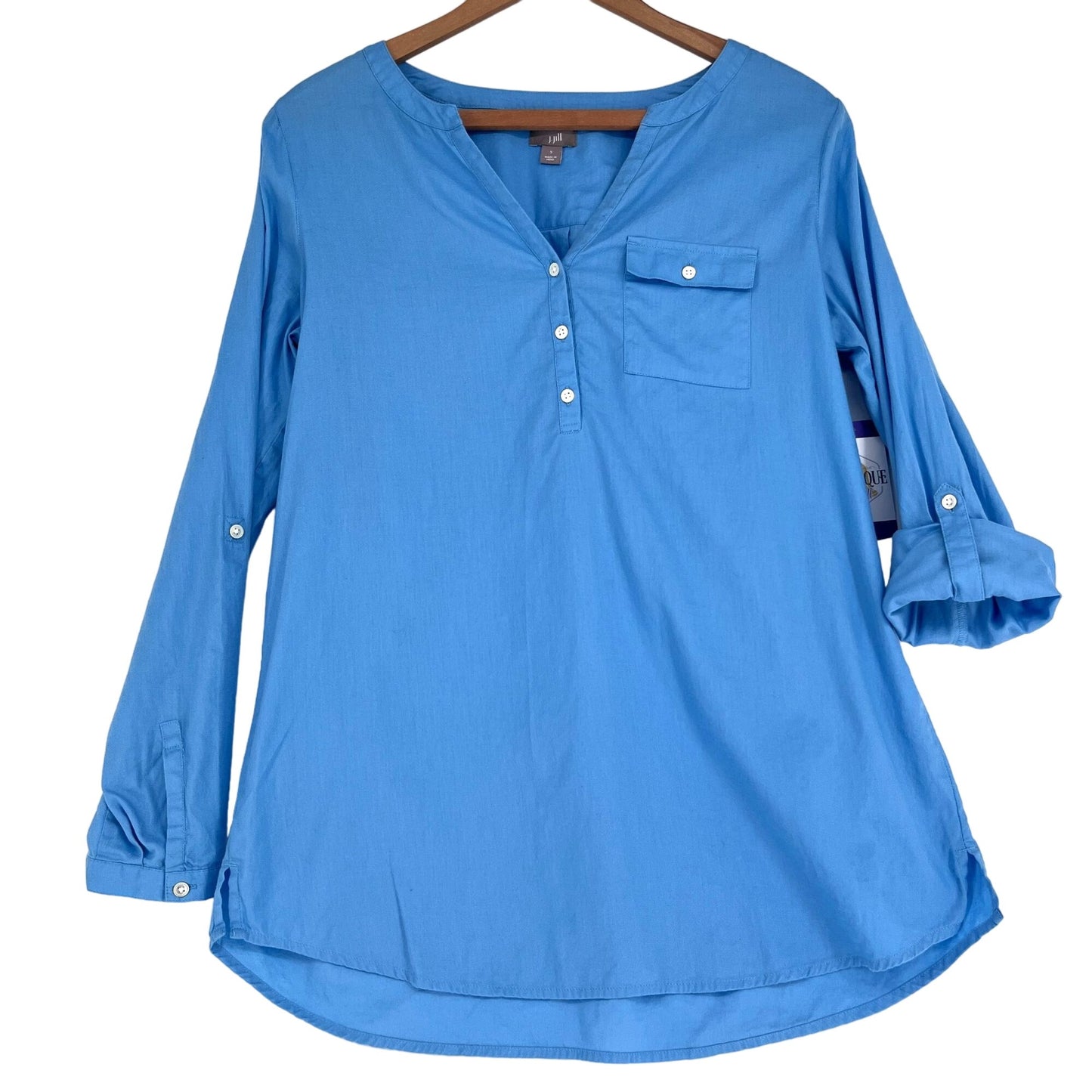 J Jill S Blue Blouse Vneck 1/4 Button Pullover Roll Tap Sleeve Cotton Tunic Top