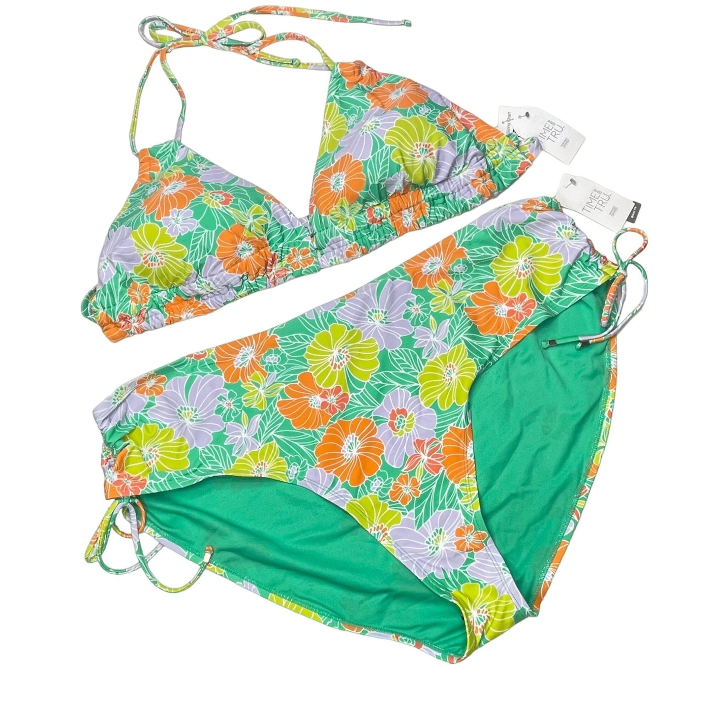 NWT Time and Tru 3X Floral String Bikini Mid Rise Bottoms Bright Green Swimwear