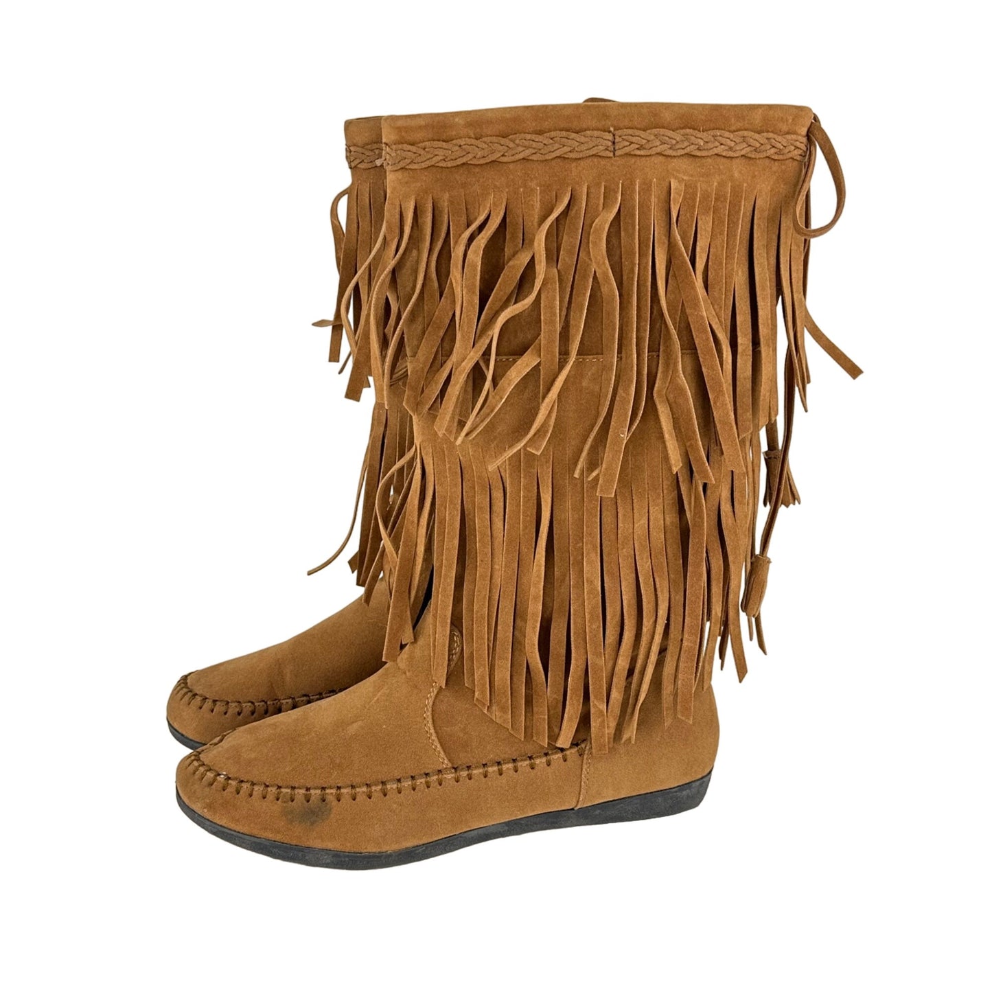 Rampage Womens 7.5 Cantrell Brown Fringe Pull On Boot Mid Calf Boho Hippie 70s