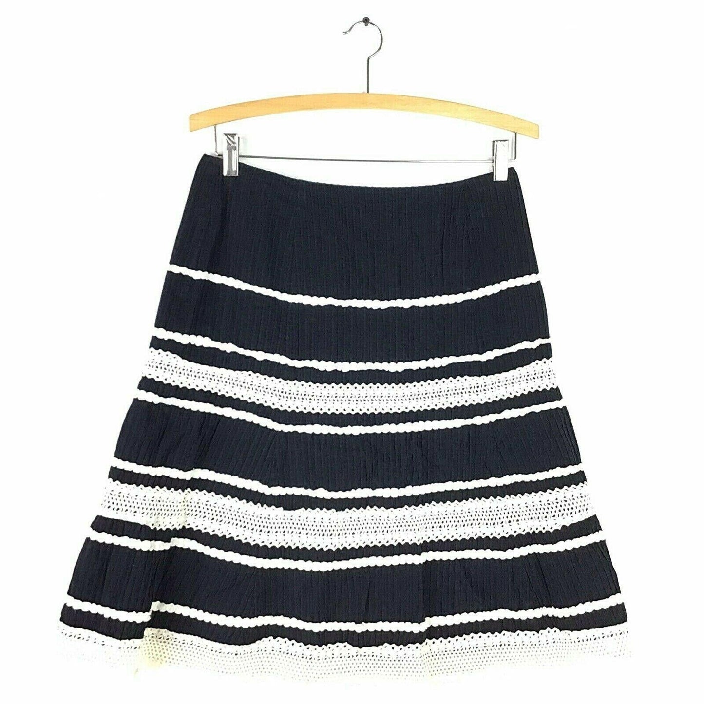 Talbots 8 Lace Trim Ribbed Ruffle Skirt Lined Black White ALine Cotton Striped