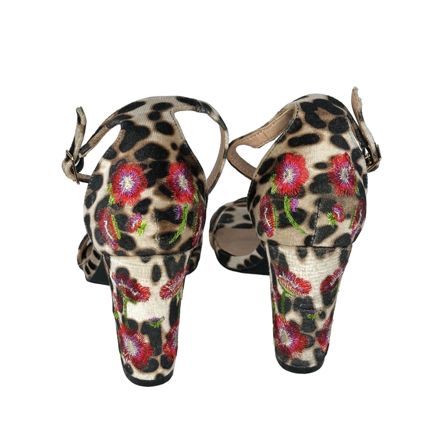 Madden Girl Sandals Size 6.5 Animal Print Behave Embroidered Floral Block Heel