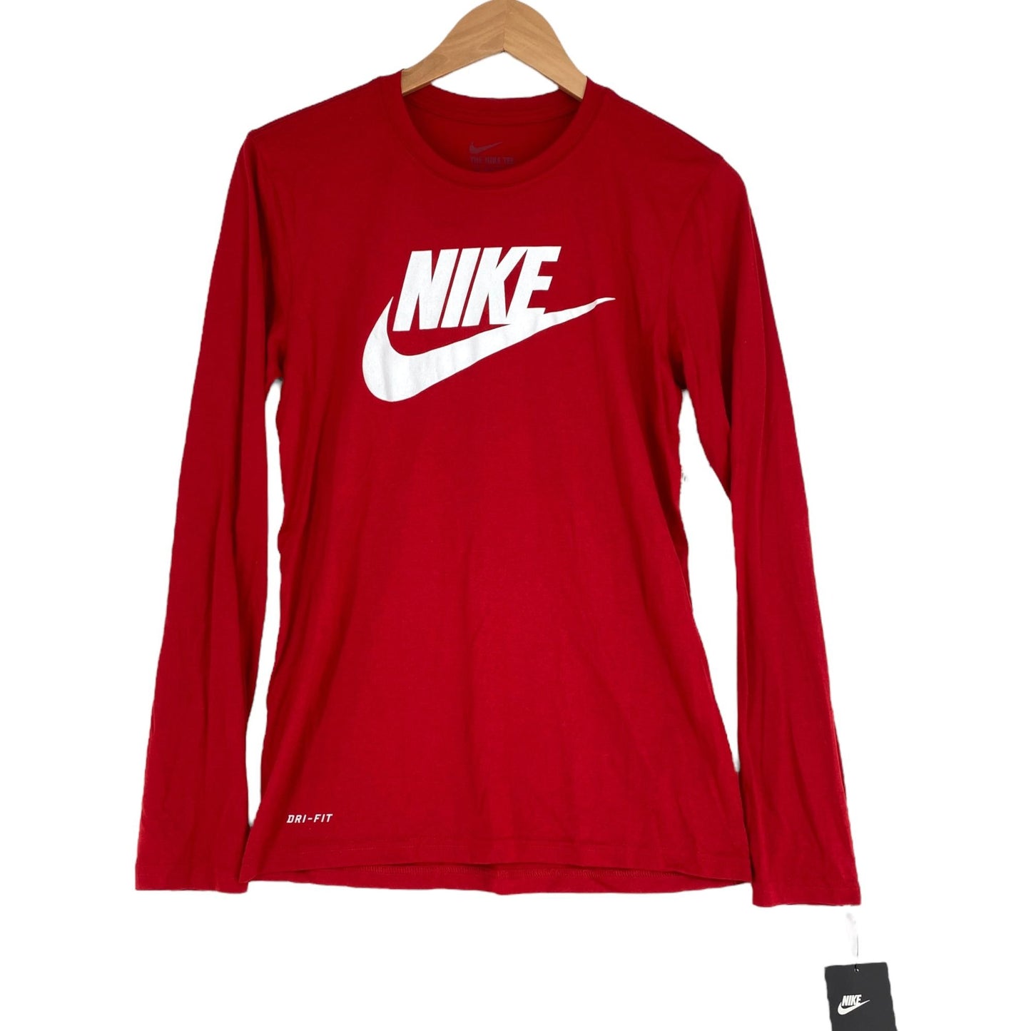 NWT Nike Futura Tee Mens S Red Dri-Fit Shirt Long Sleeve Swoosh Spell Out Gym