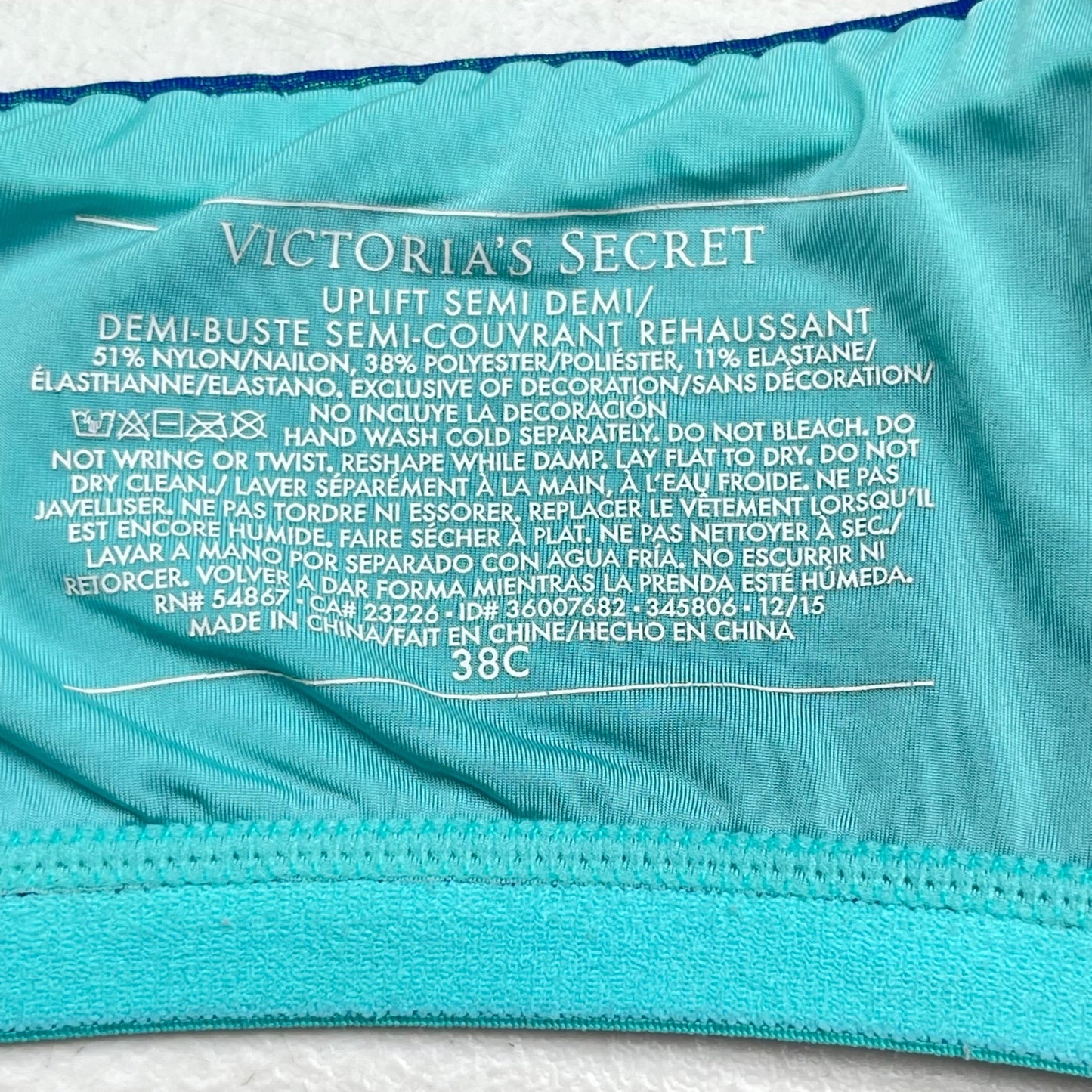 Victoria's Secret 38C Teal Uplift Semi Demi Bra Lightly Lined Underwire