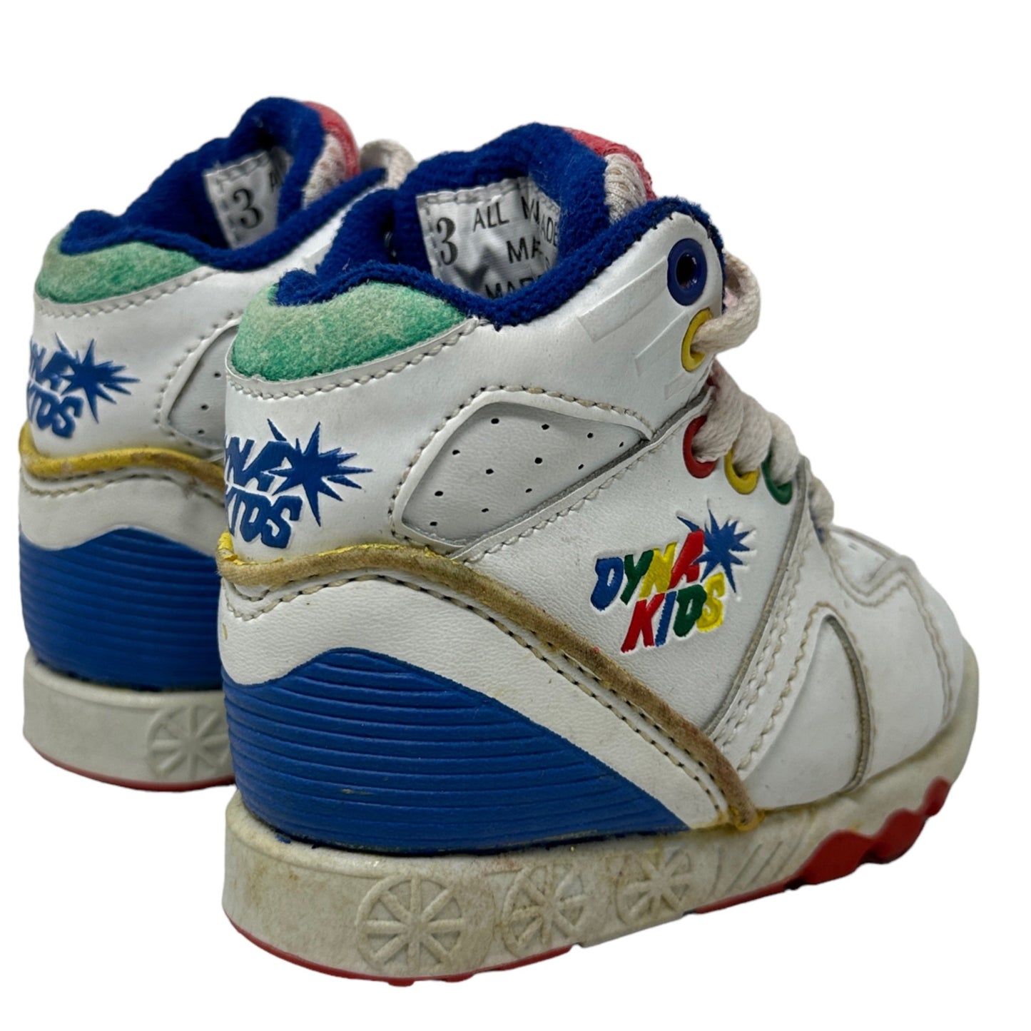 Vintage Dyna Kids Baby 3 Lace Up Sneakers White Red Blue Yellow Tennis Shoes