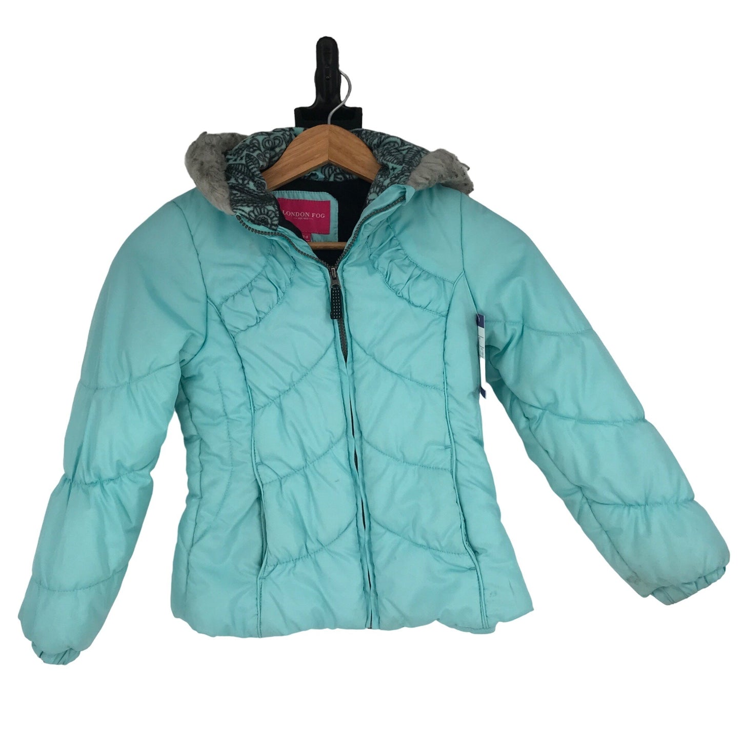 London Fog Girls S 7/8 Light Blue Faux Fur Hooded Puffer Jacket Winter Coat