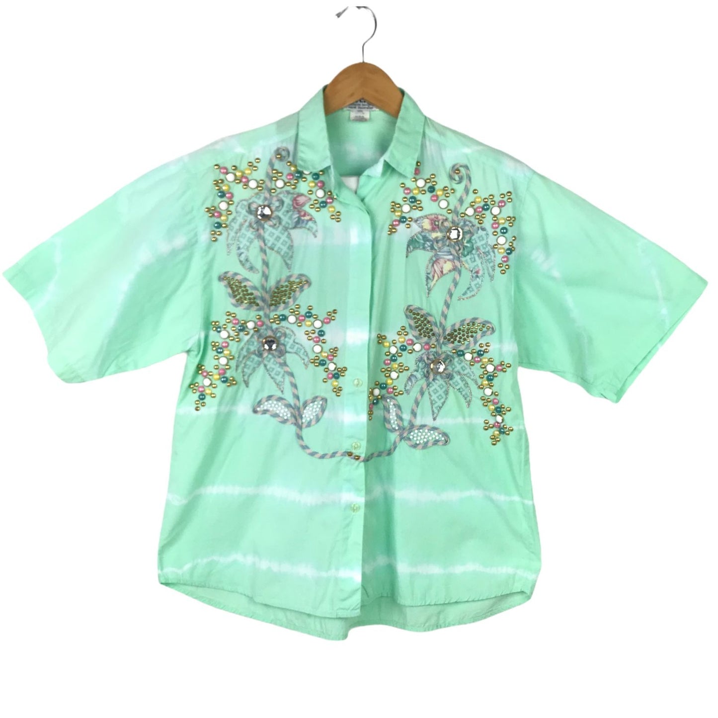 Vintage GAR Womens S Green Tie Dye Blouse Button Up Embellished Blanche Collared