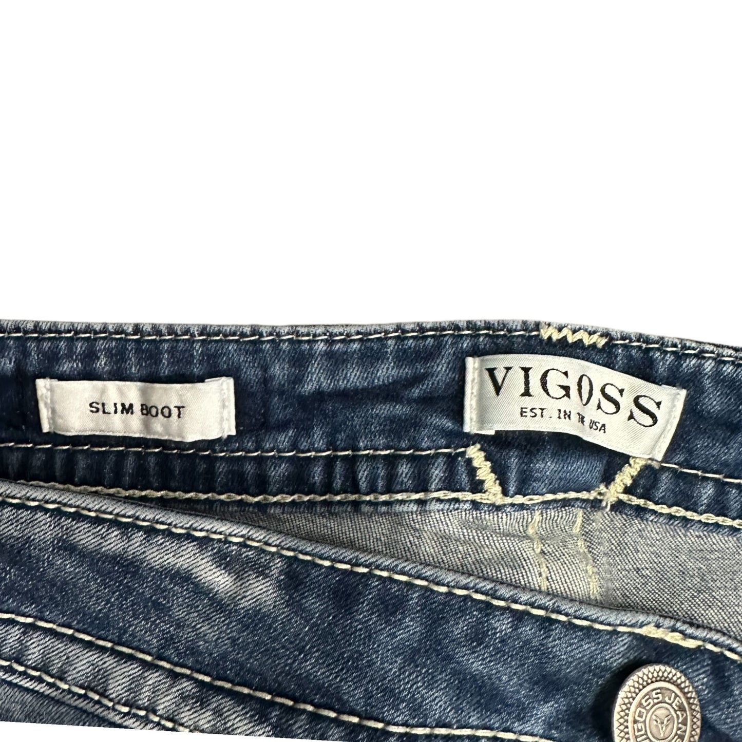 Vigoss Jeans Women 8 Bootcut Denim Blue Distressed Thick Stitch Faux Flap Pocket