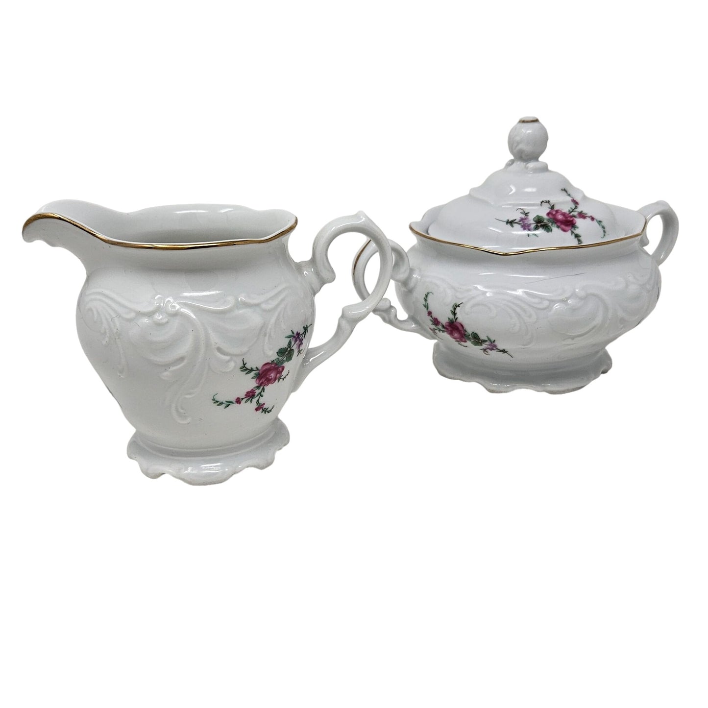 Vintage Wawel Royal Vienna Collection Sugar Bowl with Lid & Creamer White Floral