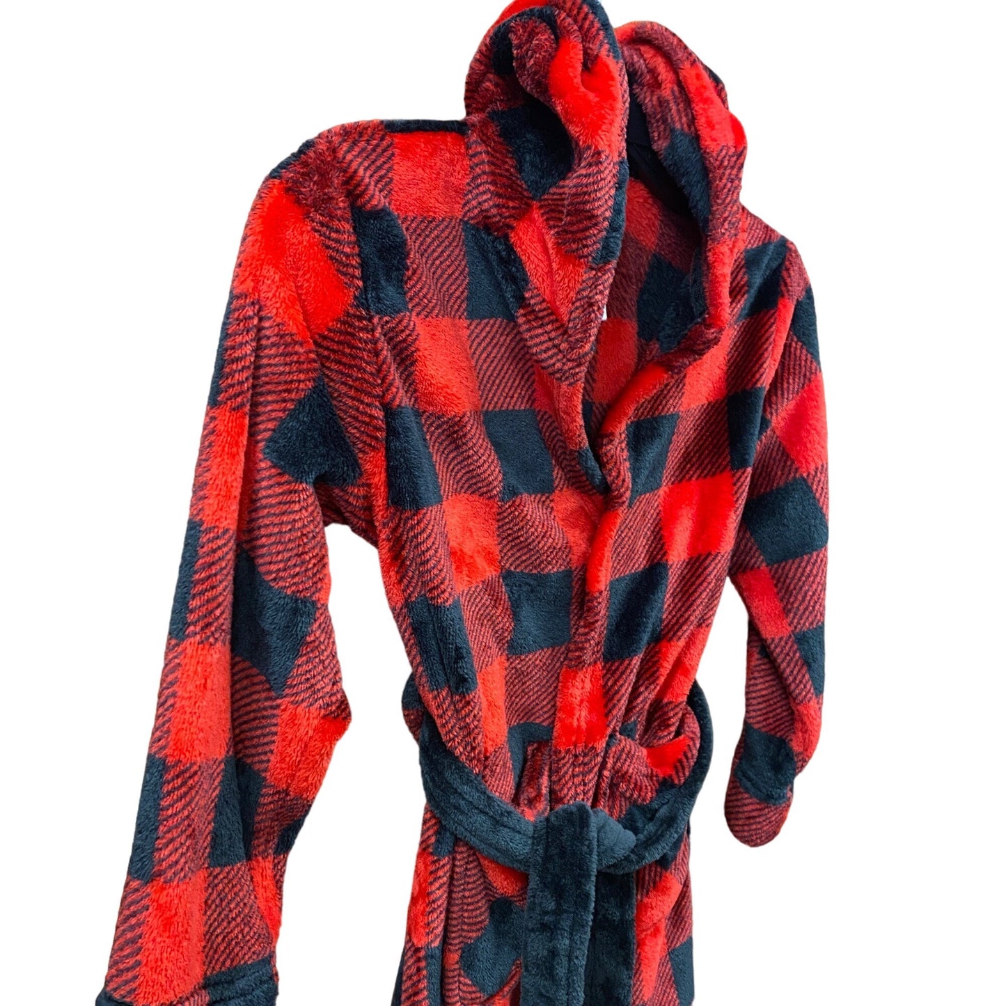 Cuddl Duds M 8/10 Youth Buffalo Plaid Plush Bath Robe Black Red Fuzzy Hooded