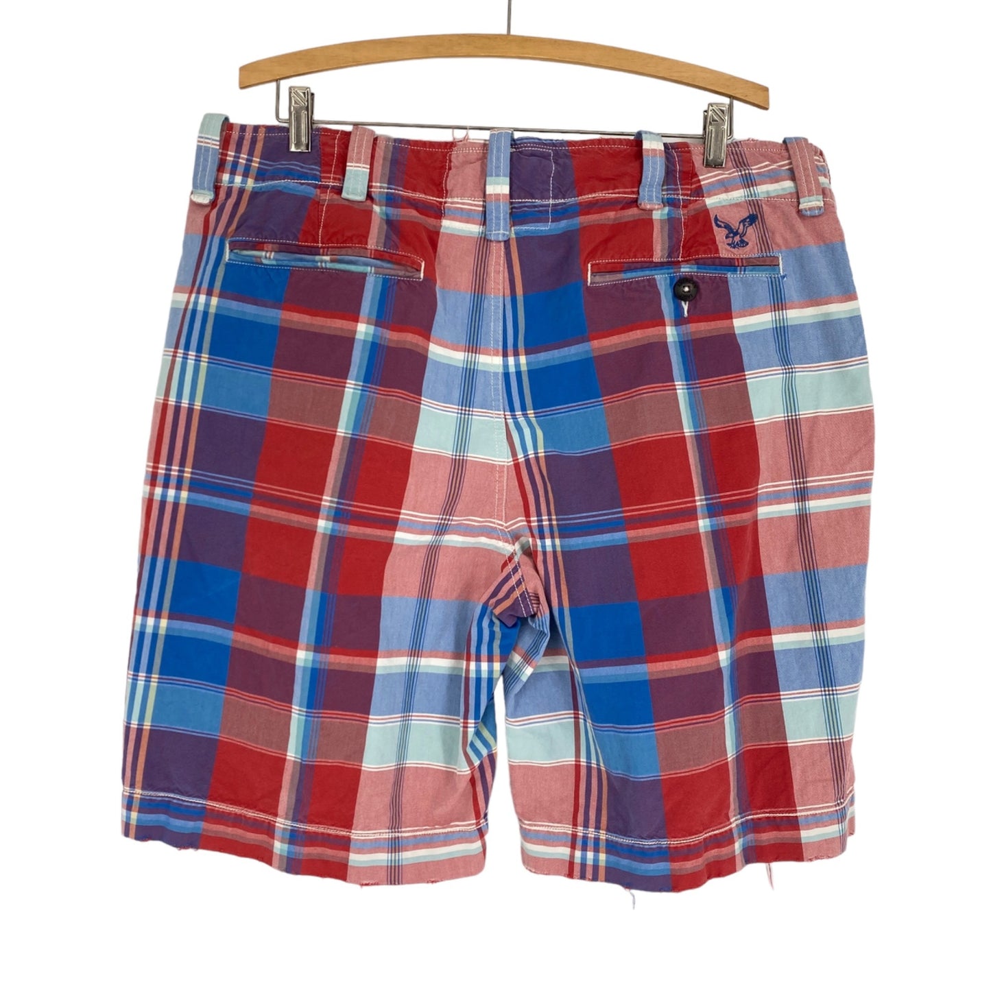 American Eagle AEO Mens 38 Distressed Plaid Shorts Red Blue Classic Length