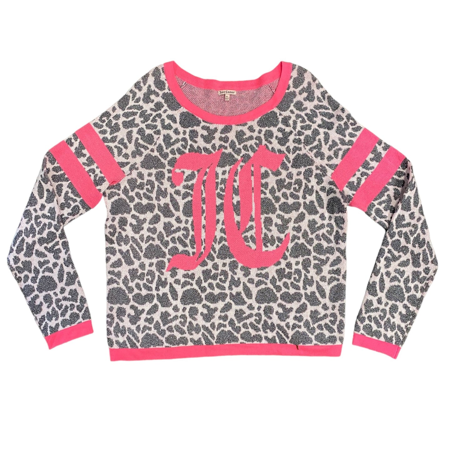 Juicy Couture Womens XL Metallic Leopard Print Pullover Sweater Pink Logo Gray