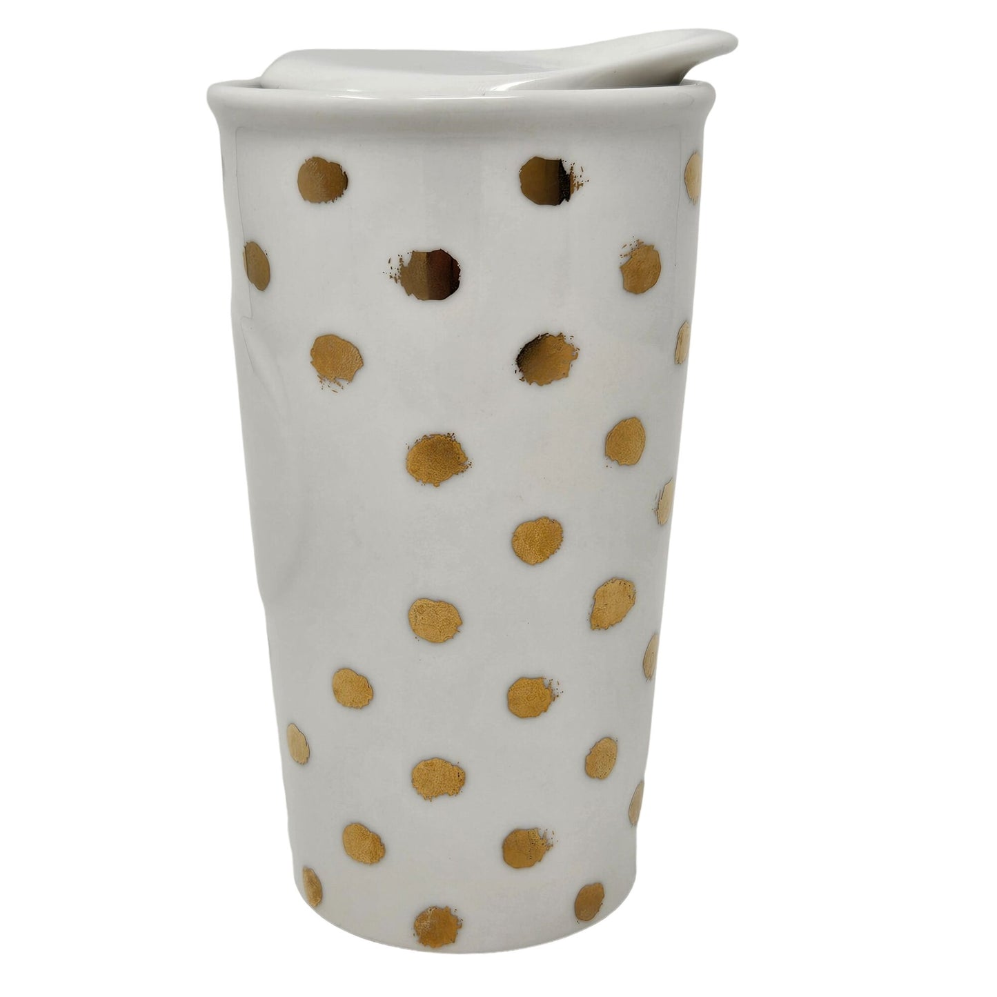 Starbucks 2014 White Gold Polka Dot 10 oz Ceramic Travel Coffee Tumbler with Lid