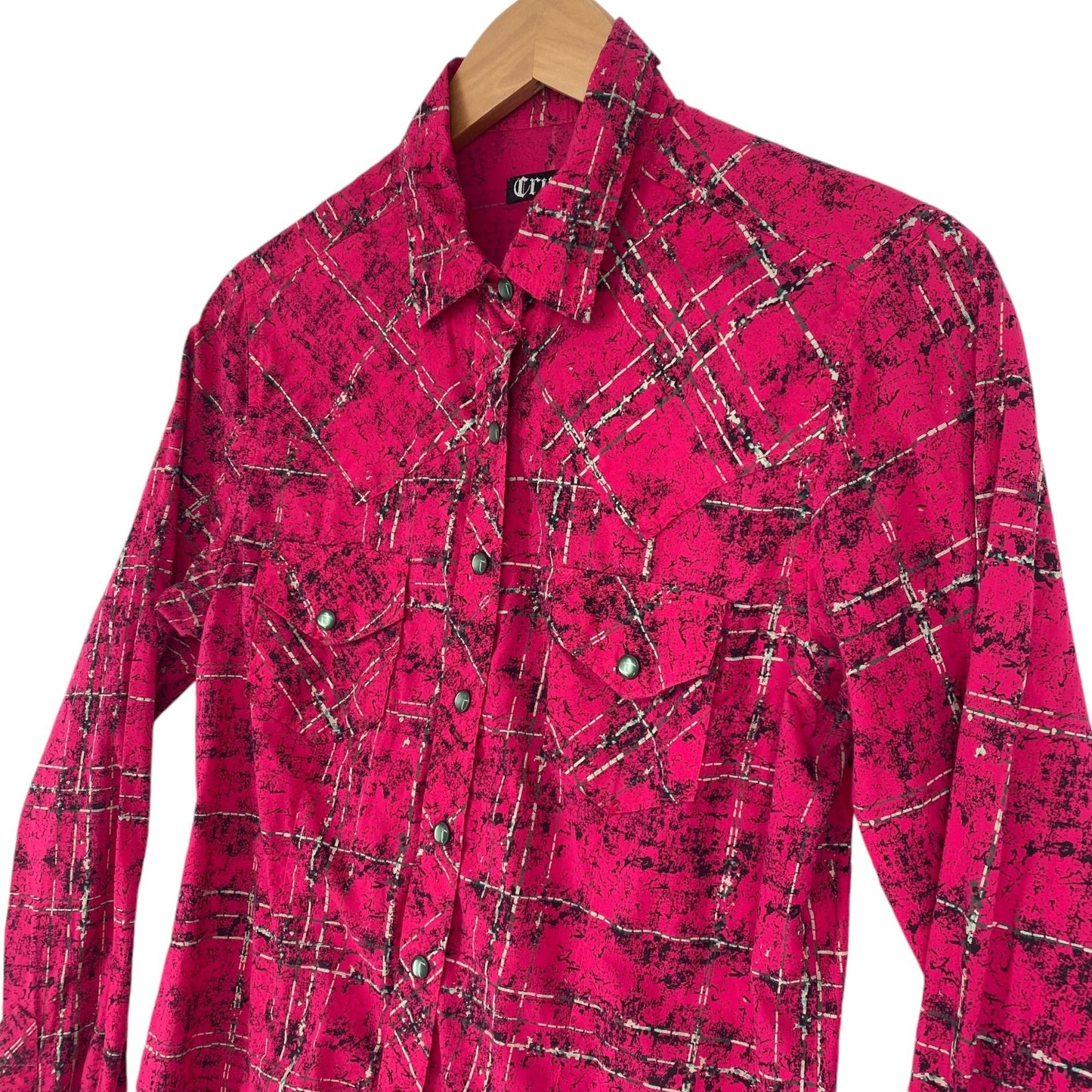 Cruel Womens M Hot Pink Plaid Pearl Snap Shirt Embroidered Long Sleeve Western