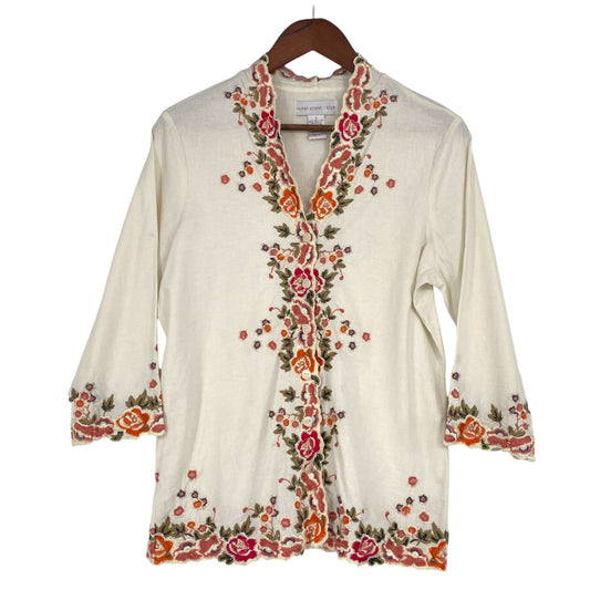 Susan Graver S Ivory Linen Floral Embroidered Tunic Top 3/4 Sleeve Stretch