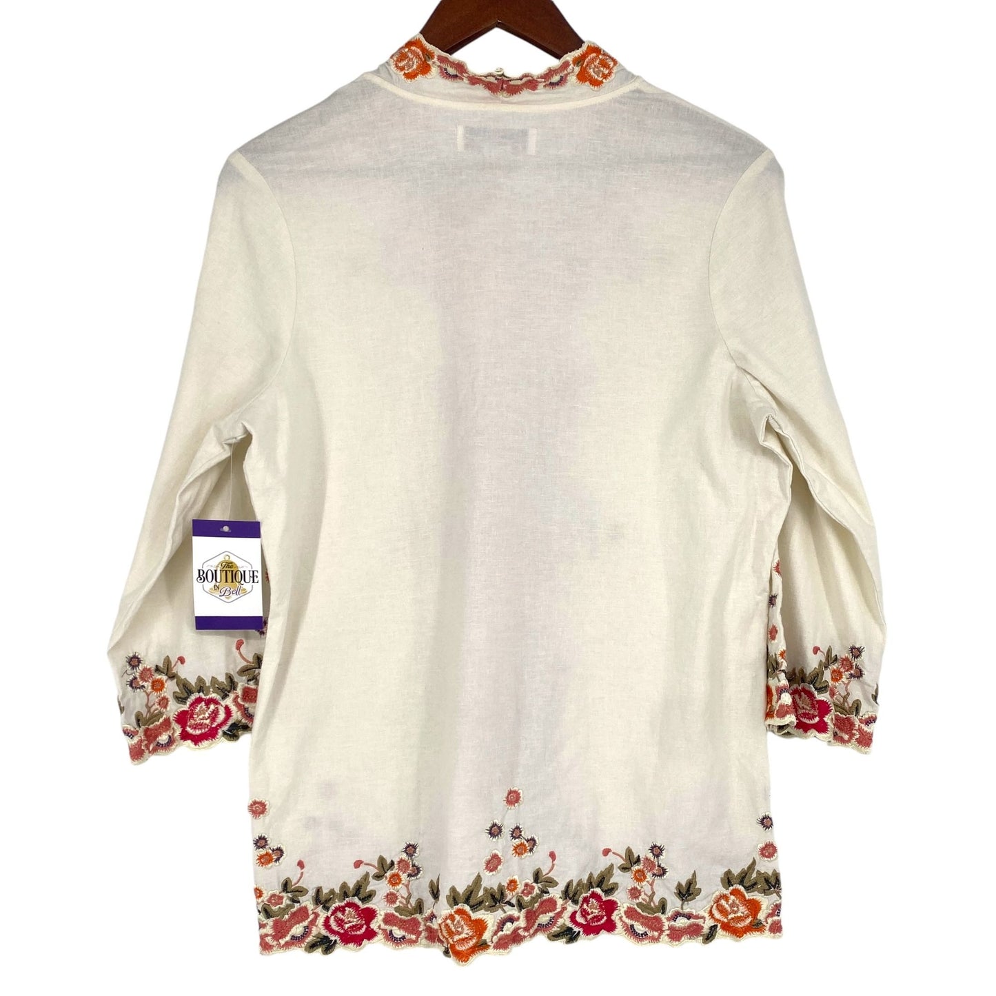 Susan Graver S Ivory Linen Floral Embroidered Tunic Top 3/4 Sleeve Stretch