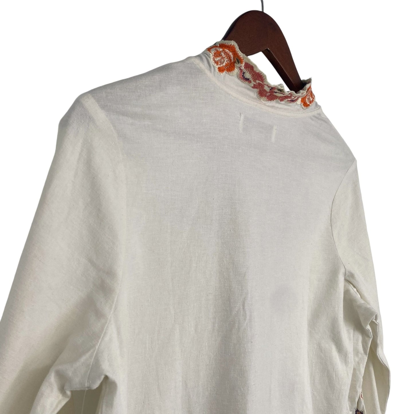 Susan Graver S Ivory Linen Floral Embroidered Tunic Top 3/4 Sleeve Stretch