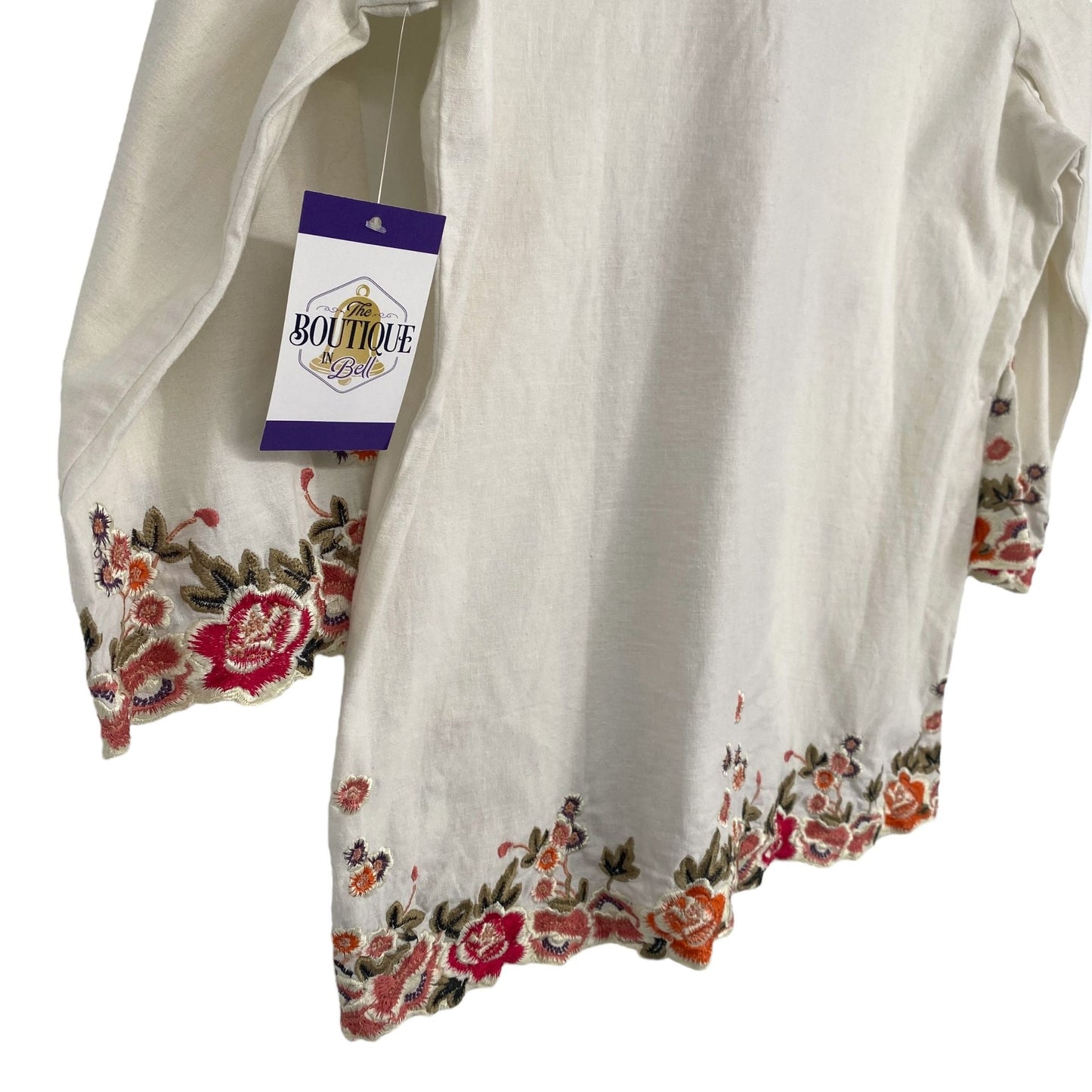 Susan Graver S Ivory Linen Floral Embroidered Tunic Top 3/4 Sleeve Stretch