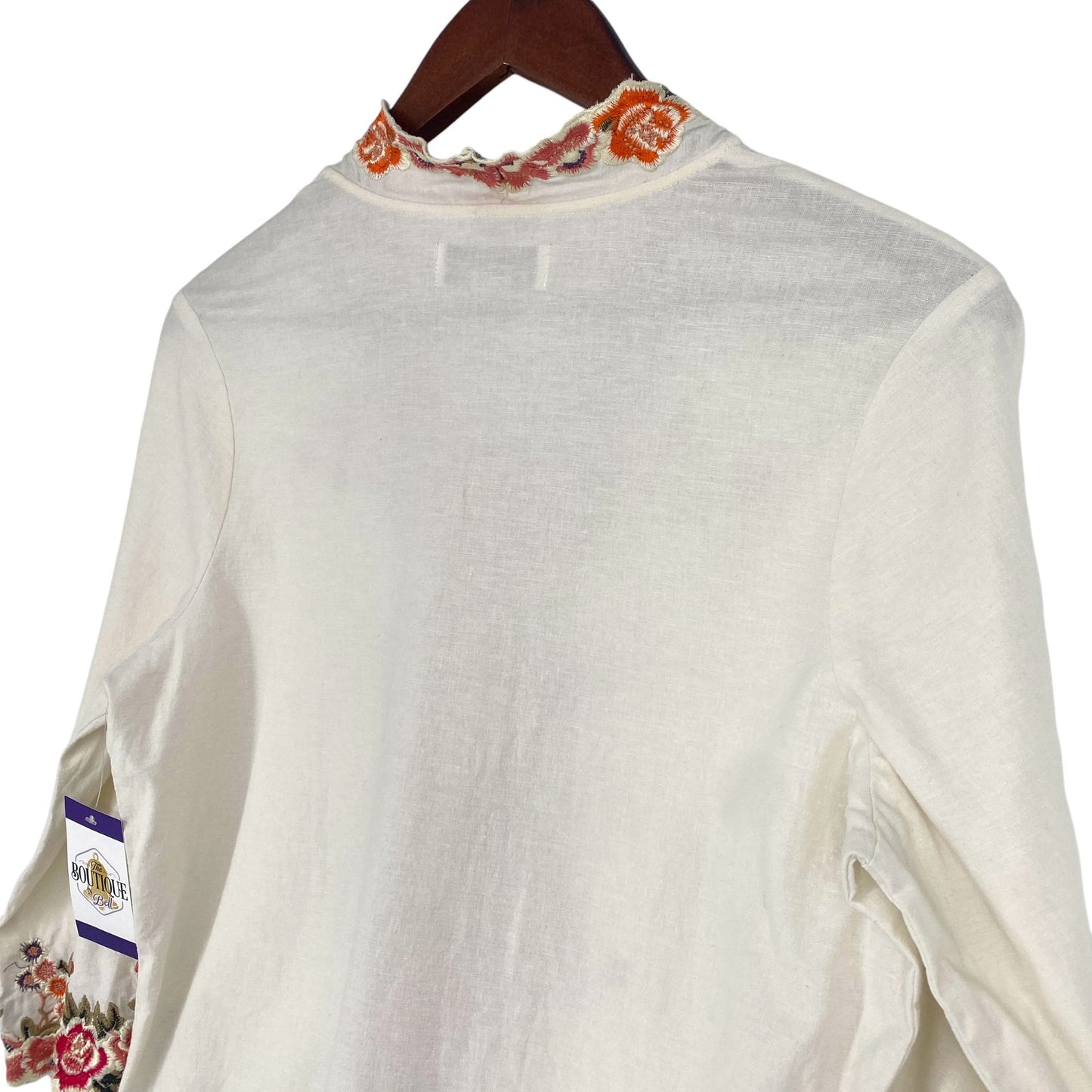 Susan Graver S Ivory Linen Floral Embroidered Tunic Top 3/4 Sleeve Stretch