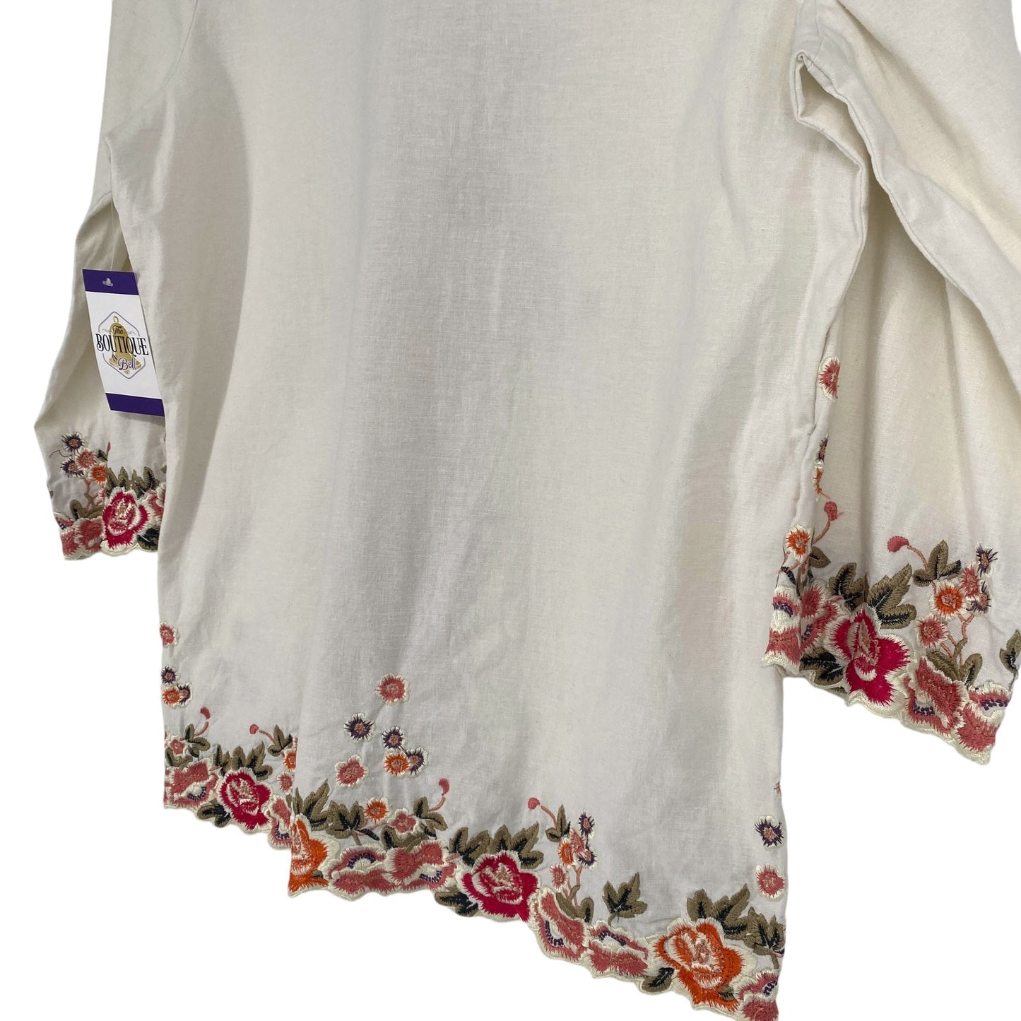 Susan Graver S Ivory Linen Floral Embroidered Tunic Top 3/4 Sleeve Stretch