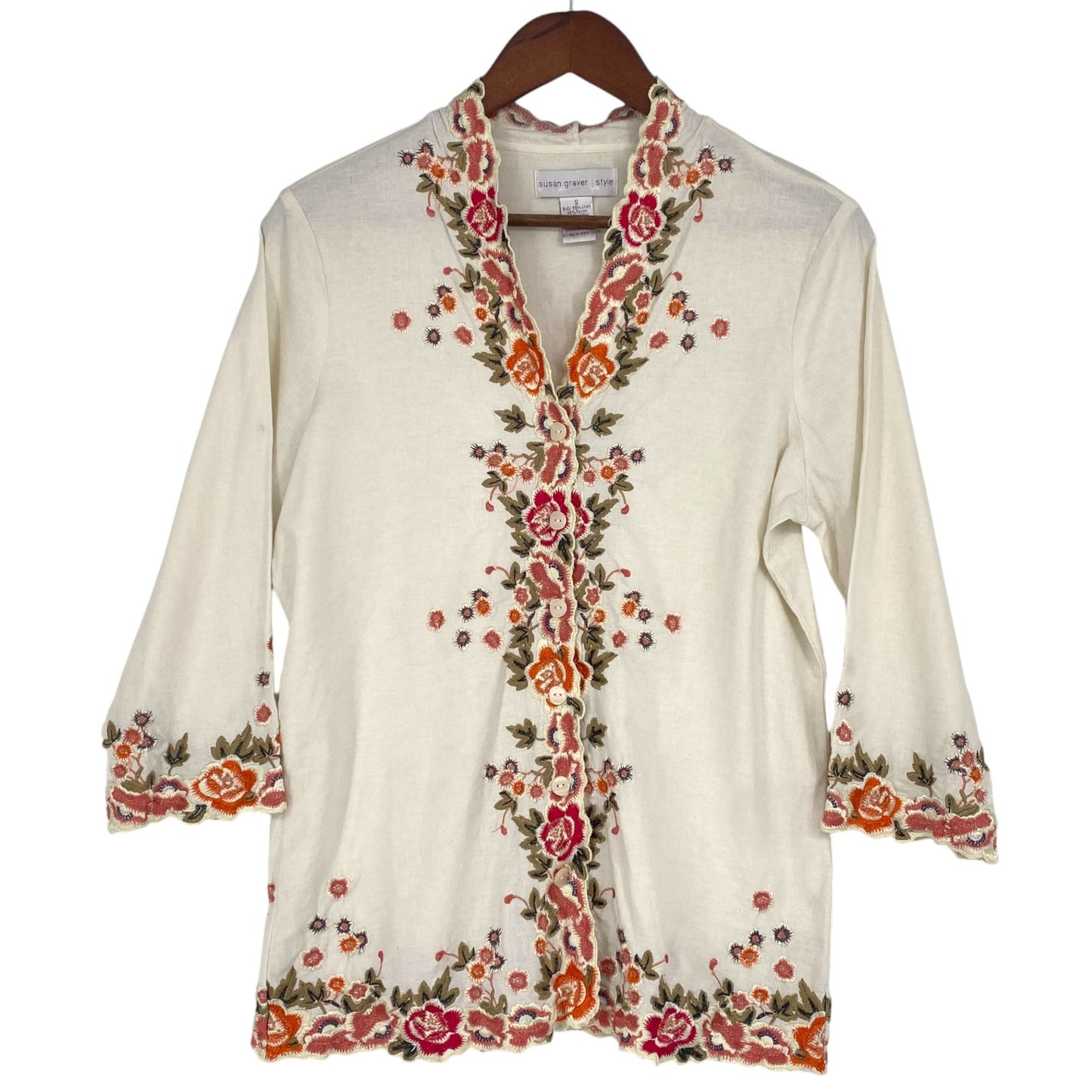 Susan Graver S Ivory Linen Floral Embroidered Tunic Top 3/4 Sleeve Stretch