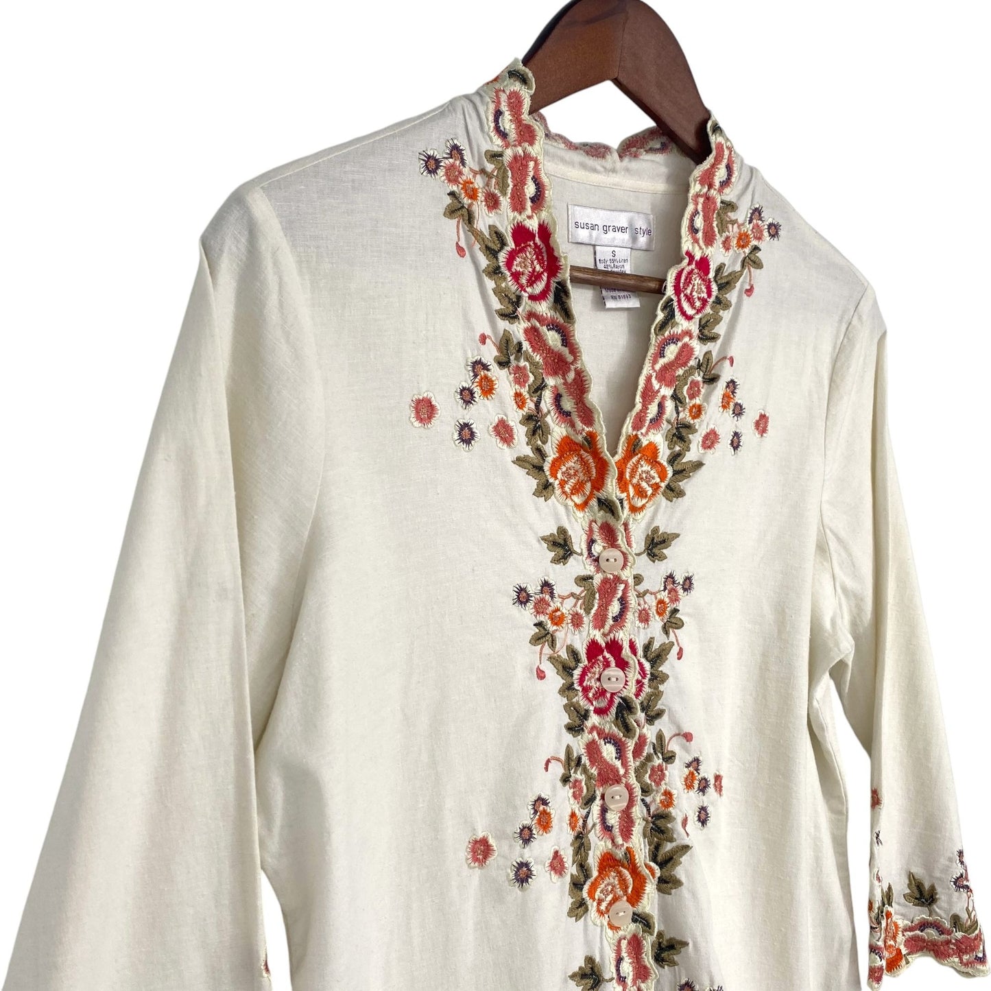 Susan Graver S Ivory Linen Floral Embroidered Tunic Top 3/4 Sleeve Stretch