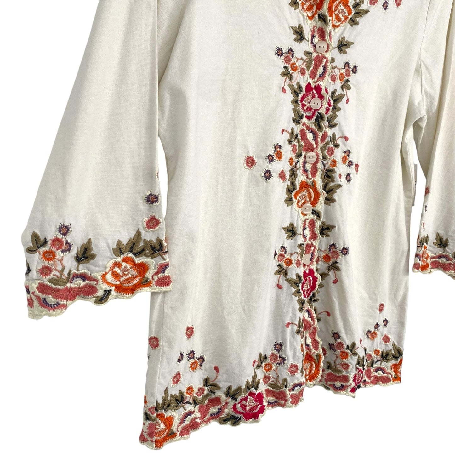 Susan Graver S Ivory Linen Floral Embroidered Tunic Top 3/4 Sleeve Stretch