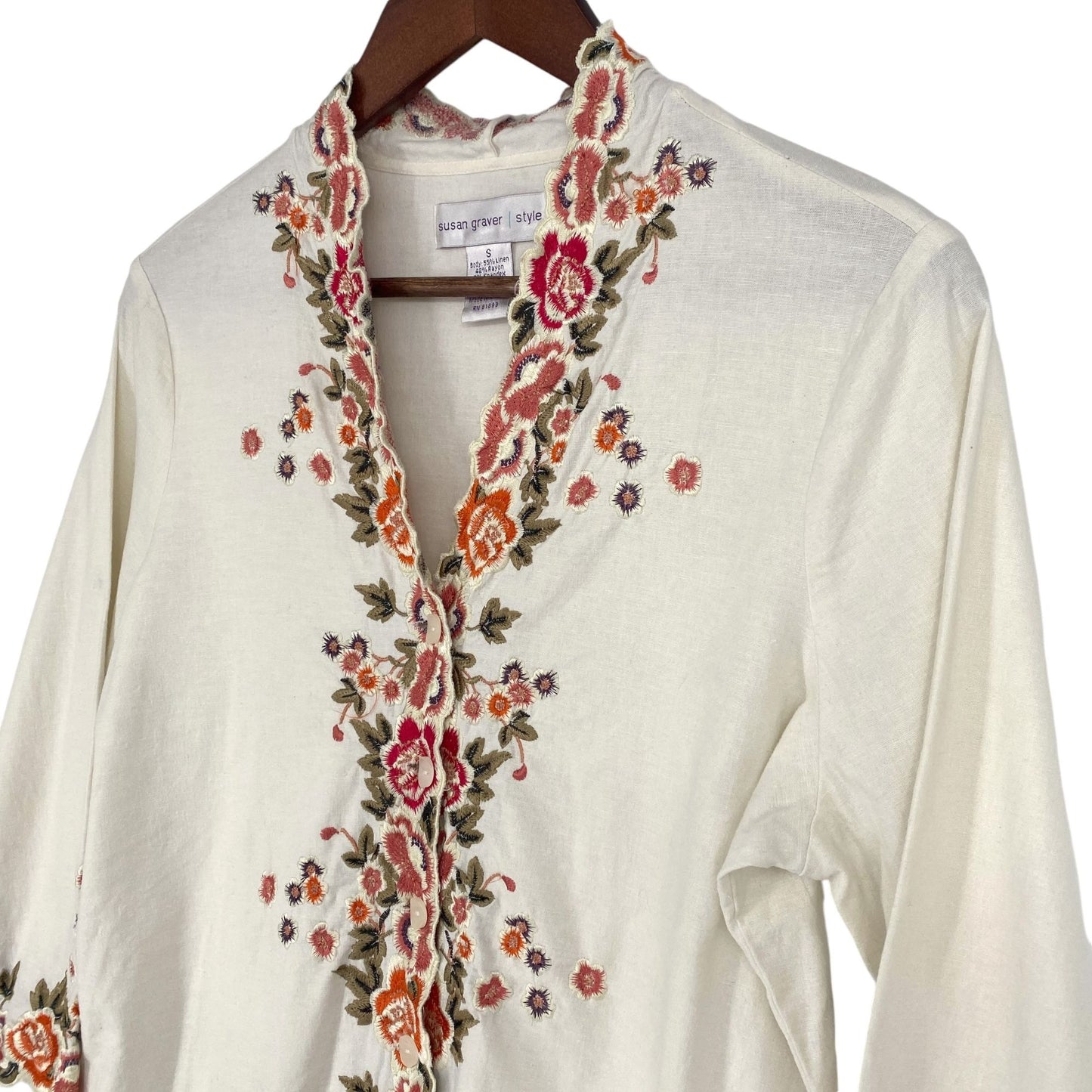 Susan Graver S Ivory Linen Floral Embroidered Tunic Top 3/4 Sleeve Stretch