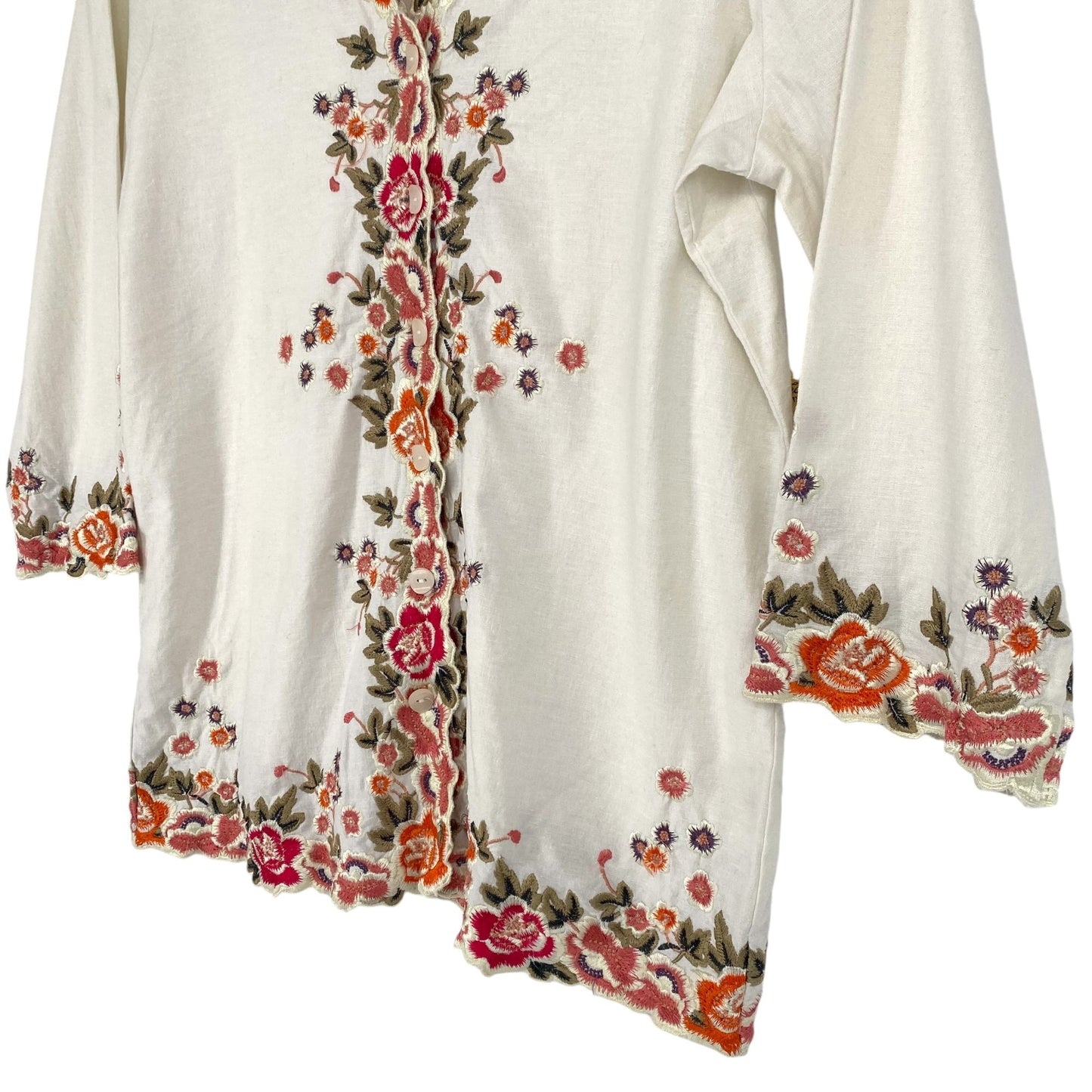 Susan Graver S Ivory Linen Floral Embroidered Tunic Top 3/4 Sleeve Stretch